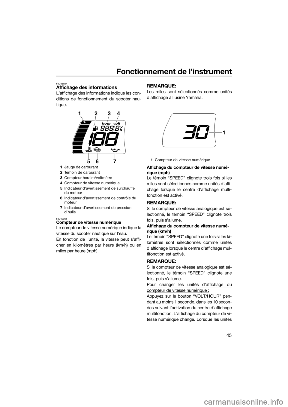 YAMAHA FX SVHO 2017  Notices Demploi (in French) Fonctionnement de l’instrument
45
FJU35027Affichage des informations
L’affichage des informations indique les con-
ditions de fonctionnement du scooter nau-
tique.
FJU42361Compteur de vitesse num