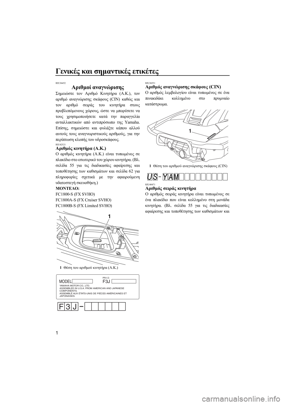 YAMAHA FX SVHO 2017  ΟΔΗΓΌΣ ΧΡΉΣΗΣ (in Greek) Γενικές και σημαντικές ετικέτες
1
RJU36452
Αριθμοί αναγνώρισης
Σημειώστε τον Αριθμό Κινητήρα (Α.Κ.), τον
αριθμό αν�