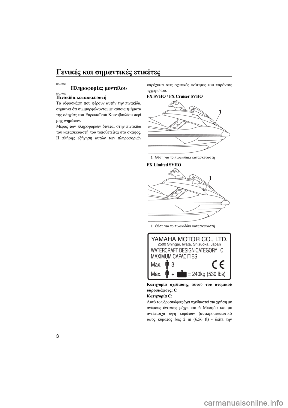 YAMAHA FX SVHO 2017  ΟΔΗΓΌΣ ΧΡΉΣΗΣ (in Greek) Γενικές και σημαντικές ετικέτες
3
RJU30321
Πληροφορίες μοντέλουRJU30333Πινακίδα κατασκευαστή
Τα υδροσκάφη που φέρο�