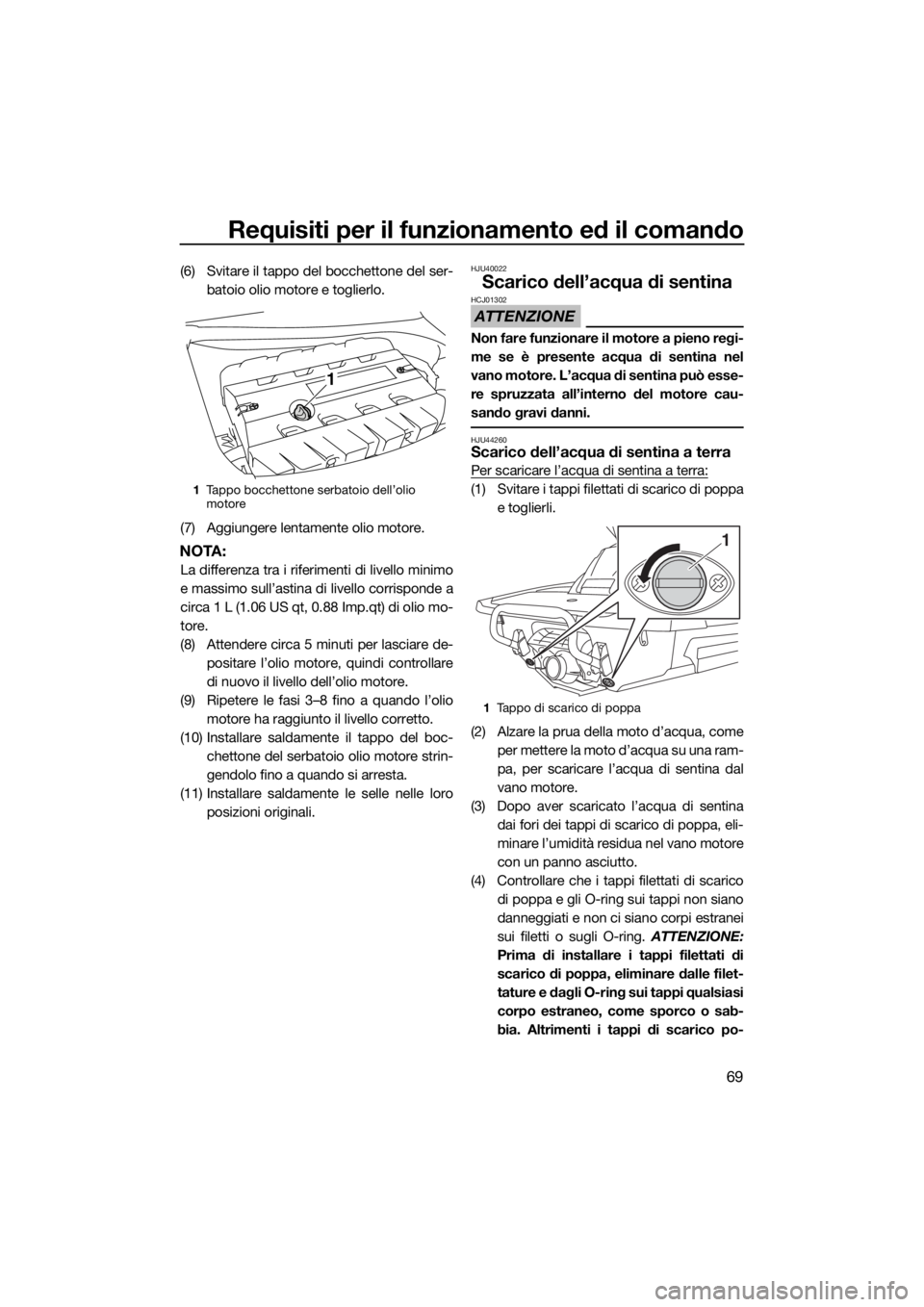 YAMAHA FX SVHO 2017 Manuale duso (in Italian) Requisiti per il funzionamento ed il comando
69
(6) Svitare il tappo del bocchettone del ser-
batoio olio motore e toglierlo.
(7) Aggiungere lentamente olio motore.
NOTA:
La differenza tra i riferimen YAMAHA FX SVHO 2017 Manuale duso (in Italian) Requisiti per il funzionamento ed il comando
69
(6) Svitare il tappo del bocchettone del ser-
batoio olio motore e toglierlo.
(7) Aggiungere lentamente olio motore.
NOTA:
La differenza tra i riferimen