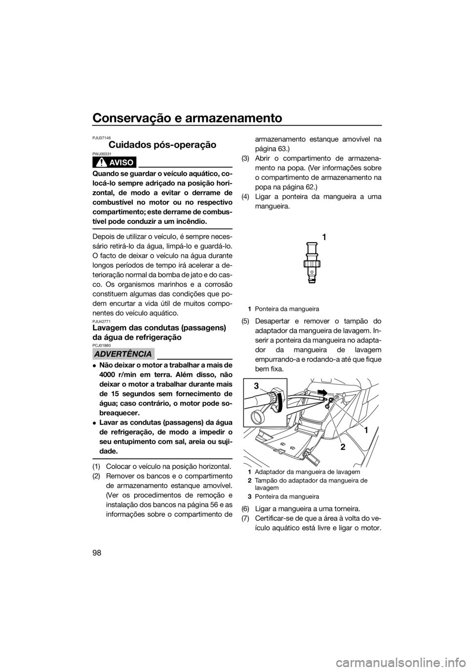 YAMAHA FX SVHO 2017 Manual de utilização (in Portuguese) Conservação e armazenamento
98
PJU37146
Cuidados pós-operação
AVISO
PWJ00331
Quando se guardar o veículo aquático, co-
locá-lo sempre adriçado na posição hori-
zontal, de modo a evitar o de YAMAHA FX SVHO 2017 Manual de utilização (in Portuguese) Conservação e armazenamento
98
PJU37146
Cuidados pós-operação
AVISO
PWJ00331
Quando se guardar o veículo aquático, co-
locá-lo sempre adriçado na posição hori-
zontal, de modo a evitar o de