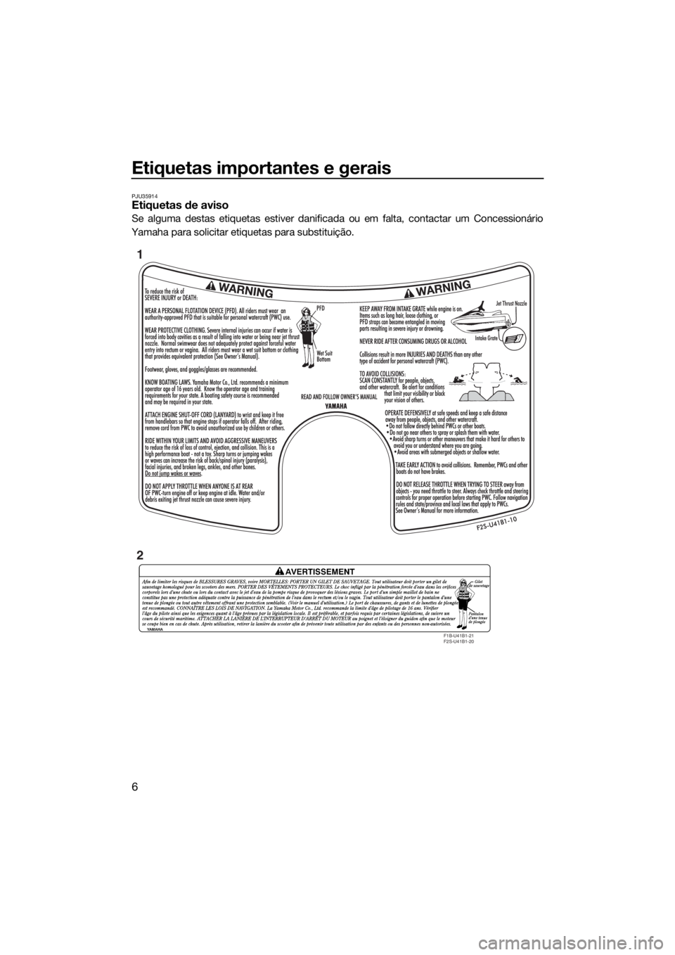 YAMAHA FX SVHO 2017  Manual de utilização (in Portuguese) Etiquetas importantes e gerais
6
PJU35914Etiquetas de aviso
Se alguma destas etiquetas estiver danificada ou em falta, contactar um Concessionário
Yamaha para solicitar etiquetas para substituição.