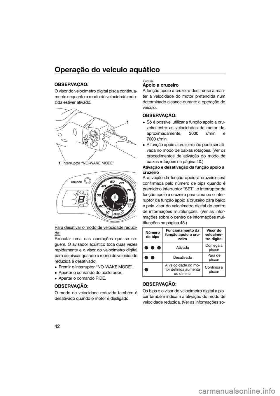 YAMAHA FX SVHO 2017 Manual de utilização (in Portuguese) Operação do veículo aquático
42
OBSERVAÇÃO:
O visor do velocímetro digital pisca continua-
mente enquanto o modo de velocidade redu-
zida estiver ativado.
Para desativar o modo de velocidade re YAMAHA FX SVHO 2017 Manual de utilização (in Portuguese) Operação do veículo aquático
42
OBSERVAÇÃO:
O visor do velocímetro digital pisca continua-
mente enquanto o modo de velocidade redu-
zida estiver ativado.
Para desativar o modo de velocidade re