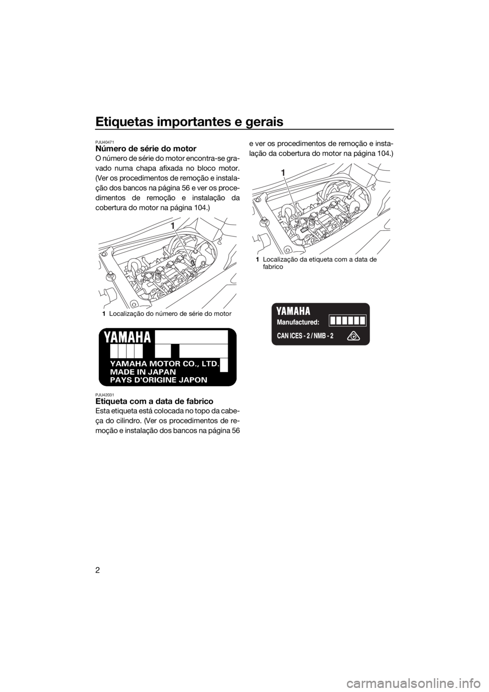 YAMAHA FX SVHO 2017 Manual de utilização (in Portuguese) Etiquetas importantes e gerais
2
PJU40471Número de série do motor
O número de série do motor encontra-se gra-
vado numa chapa afixada no bloco motor.
(Ver os procedimentos de remoção e instala-
YAMAHA FX SVHO 2017 Manual de utilização (in Portuguese) Etiquetas importantes e gerais
2
PJU40471Número de série do motor
O número de série do motor encontra-se gra-
vado numa chapa afixada no bloco motor.
(Ver os procedimentos de remoção e instala-