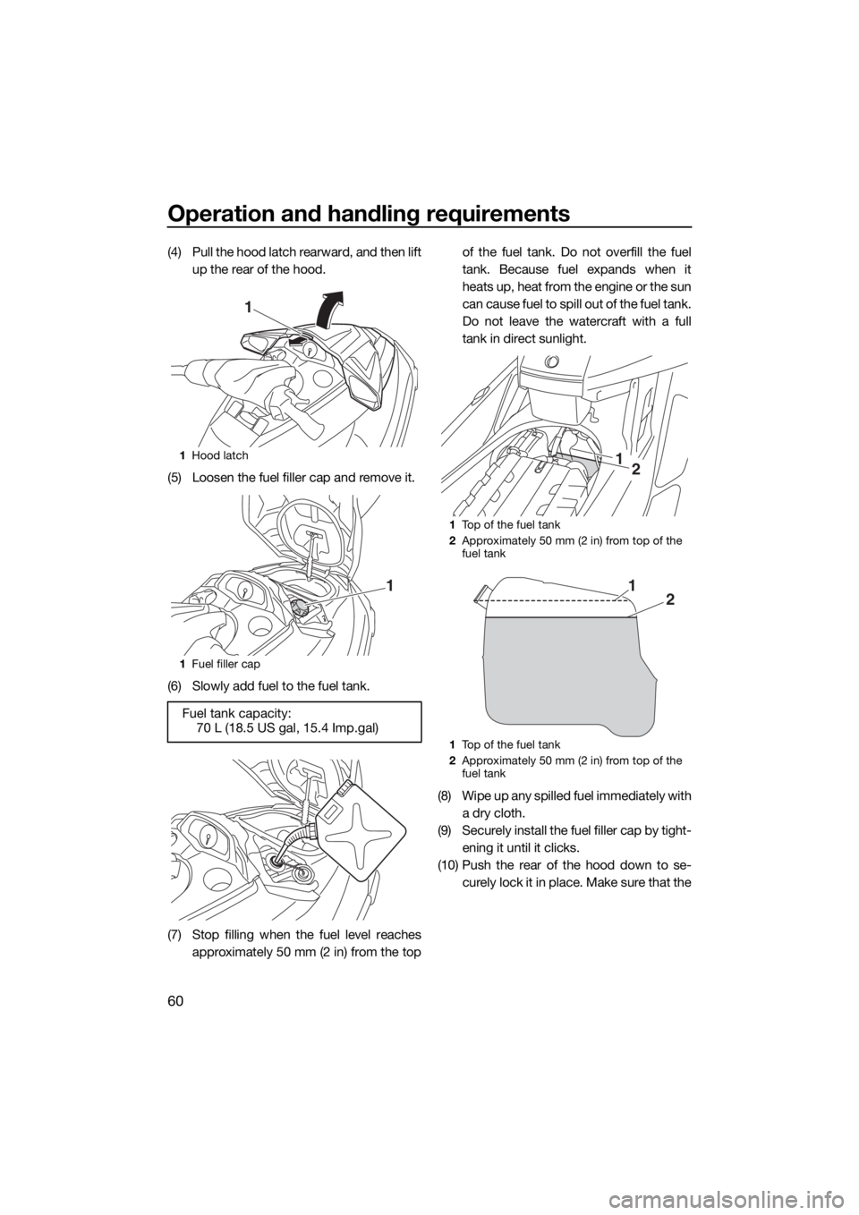 YAMAHA FX SVHO 2016  Owners Manual Operation and handling requirements
60
(4) Pull the hood latch rearward, and then lift
up the rear of the hood.
(5) Loosen the fuel filler cap and remove it.
(6) Slowly add fuel to the fuel tank.
(7) 