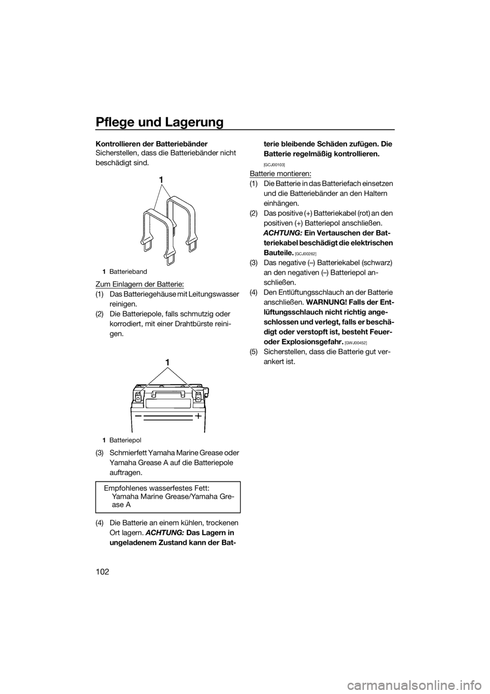 YAMAHA FX SVHO 2016 Betriebsanleitungen (in German) Pflege und Lagerung
102
Kontrollieren der Batteriebänder
Sicherstellen, dass die Batteriebänder nicht
beschädigt sind.
Zum Einlagern der Batterie:
(1) Das Batteriegehäuse mit Leitungswasser
rein YAMAHA FX SVHO 2016 Betriebsanleitungen (in German) Pflege und Lagerung
102
Kontrollieren der Batteriebänder
Sicherstellen, dass die Batteriebänder nicht
beschädigt sind.
Zum Einlagern der Batterie:
(1) Das Batteriegehäuse mit Leitungswasser
rein