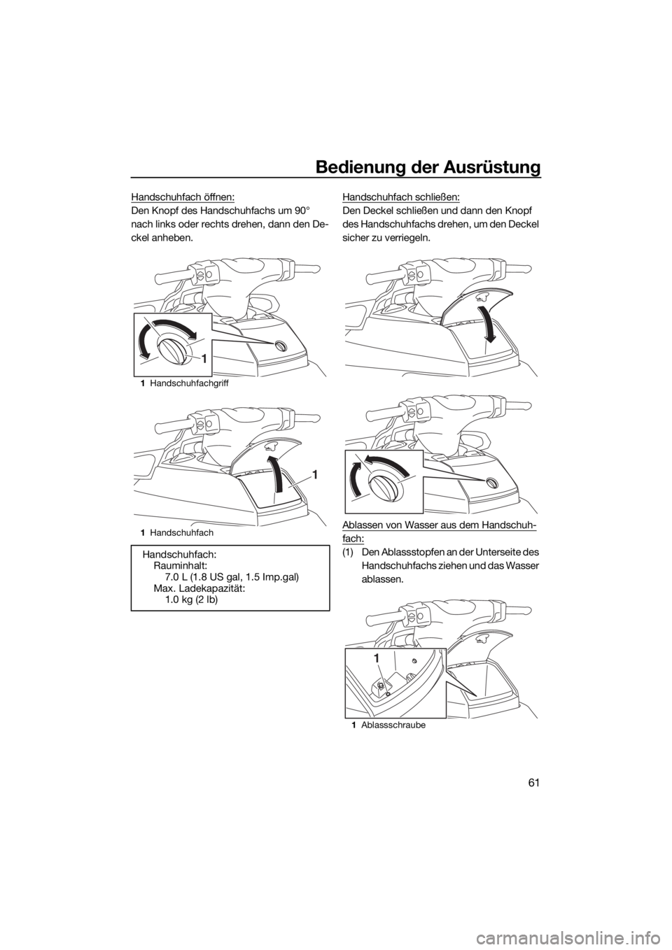YAMAHA FX SVHO 2016  Betriebsanleitungen (in German) Bedienung der Ausrüstung
61
Handschuhfach öffnen:
Den Knopf des Handschuhfachs um 90° 
nach links oder rechts drehen, dann den De-
ckel anheben.Handschuhfach schließen:Den Deckel schließen und da