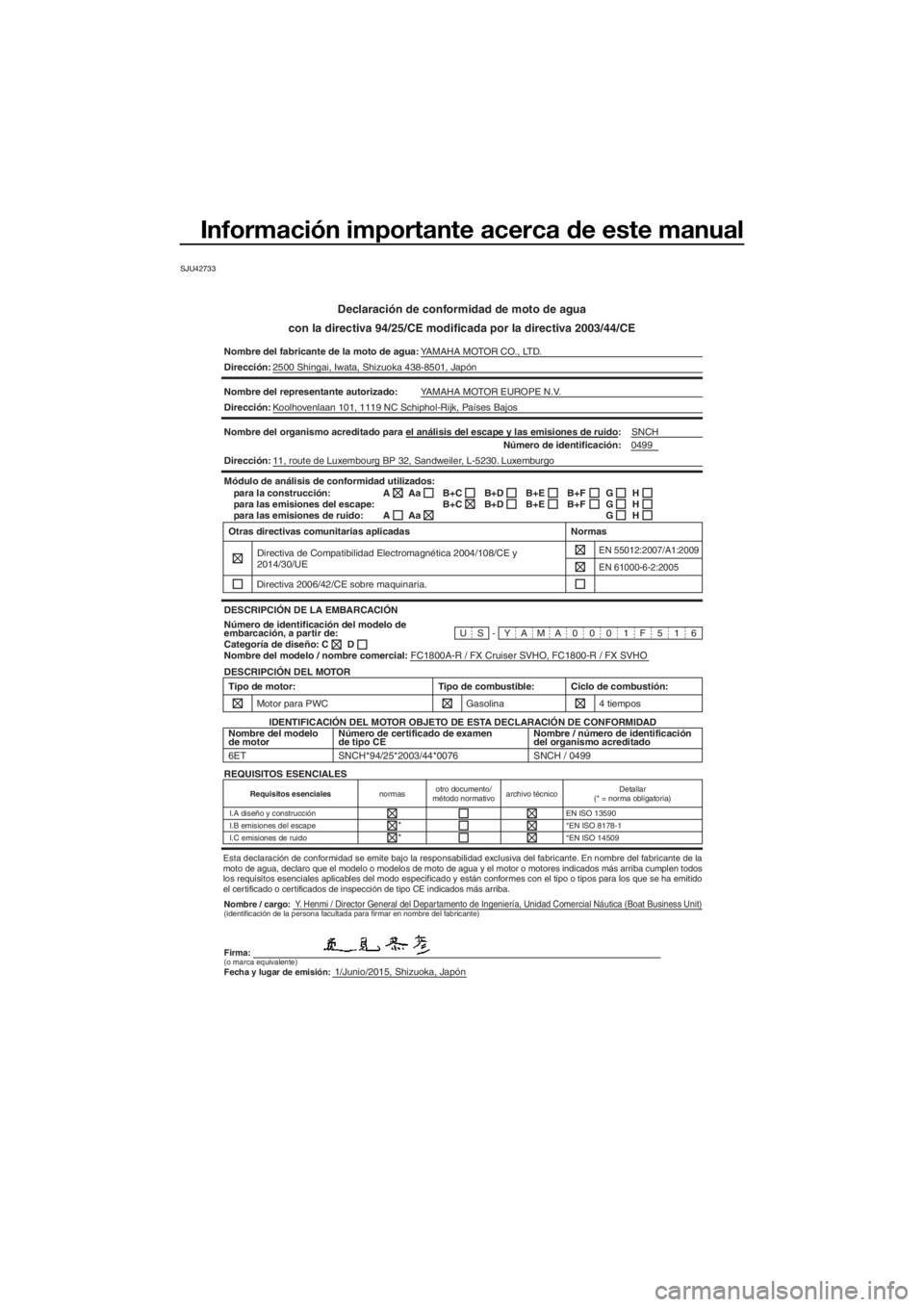 YAMAHA FX SVHO 2016  Manuale de Empleo (in Spanish) Información importante acerca de este manual
SJU42733
Declaración de conformidad de moto de agua
con la directiva 94/25/CE modificada por la directiva 2003/44/CE
Nombre del fabricante de la moto de 