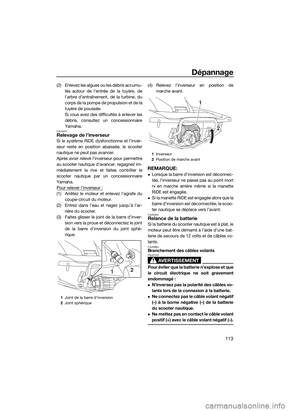 YAMAHA FX SVHO 2016  Notices Demploi (in French) Dépannage
113
(2) Enlevez les algues ou les débris accumu-
lés autour de l’entrée de la tuyère, de
l’arbre d’entraînement, de la turbine, du
corps de la pompe de propulsion et de la
tuyèr