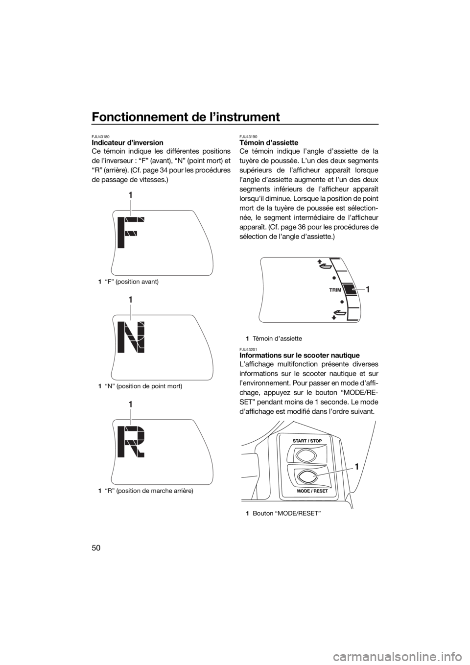 YAMAHA FX SVHO 2016 Notices Demploi (in French) Fonctionnement de l’instrument
50
FJU43180Indicateur d’inversion
Ce témoin indique les différentes positions
de l’inverseur : “F” (avant), “N” (point mort) et
“R” (arrière). (Cf. YAMAHA FX SVHO 2016 Notices Demploi (in French) Fonctionnement de l’instrument
50
FJU43180Indicateur d’inversion
Ce témoin indique les différentes positions
de l’inverseur : “F” (avant), “N” (point mort) et
“R” (arrière). (Cf.