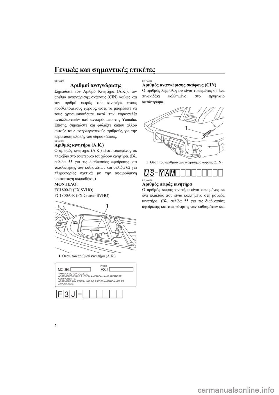 YAMAHA FX SVHO 2016  ΟΔΗΓΌΣ ΧΡΉΣΗΣ (in Greek) Γενικές και σημαντικές ετικέτες
1
RJU36452
Αριθμοί αναγνώρισης
Σημειώστε τον Αριθμό Κινητήρα (Α.Κ.), τον
αριθμό αν�