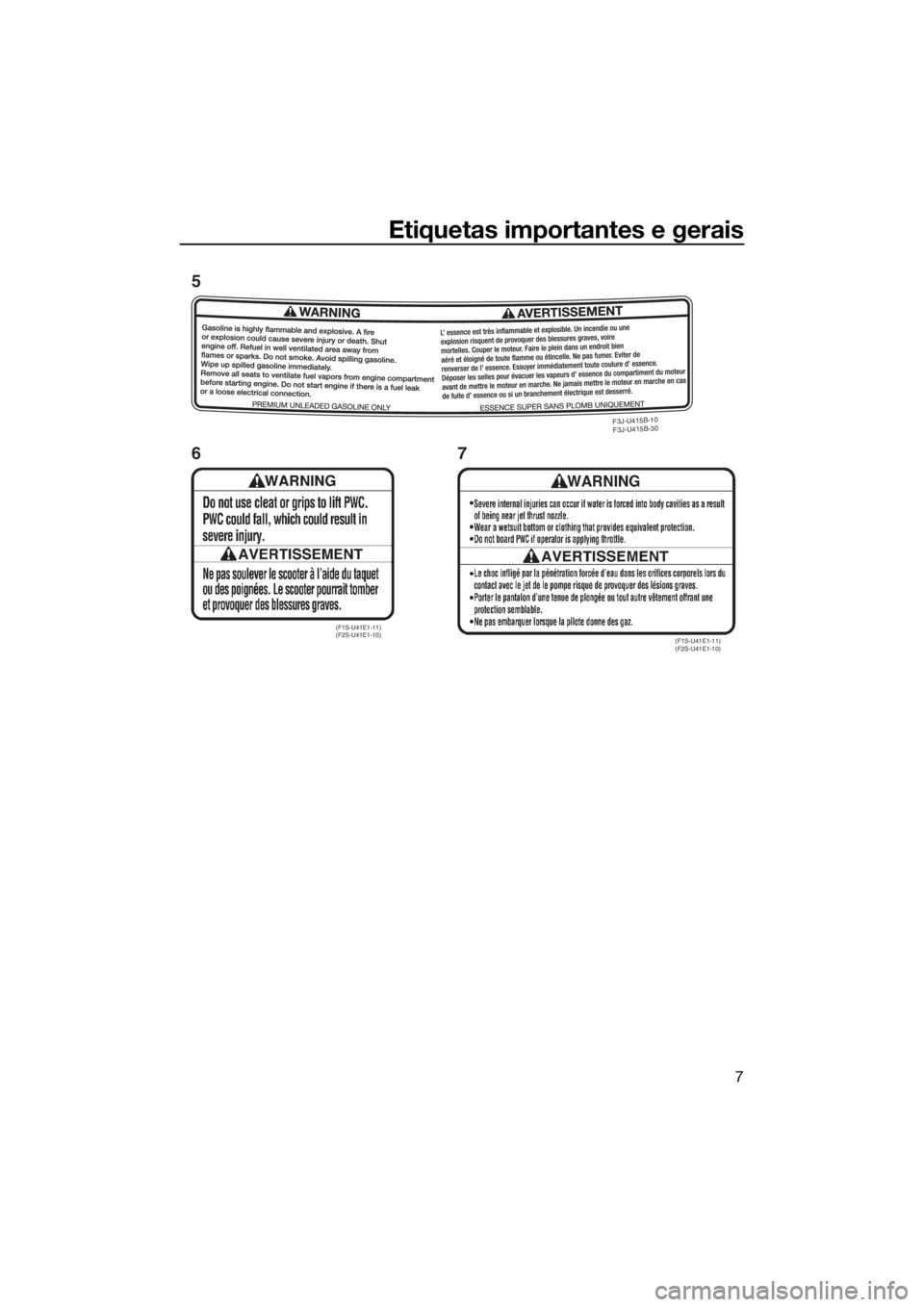 YAMAHA FX SVHO 2016  Manual de utilização (in Portuguese) Etiquetas importantes e gerais
7
(F1S-U41E1-11) 
(F2S-U41E1-10)(F1S-U41E1-11) 
(F2S-U41E1-10)
F3J-U415B-10 
F3J-U415B-30
5
67
UF3J72P0.book  Page 7  Friday, May 8, 2015  10:42 AM 