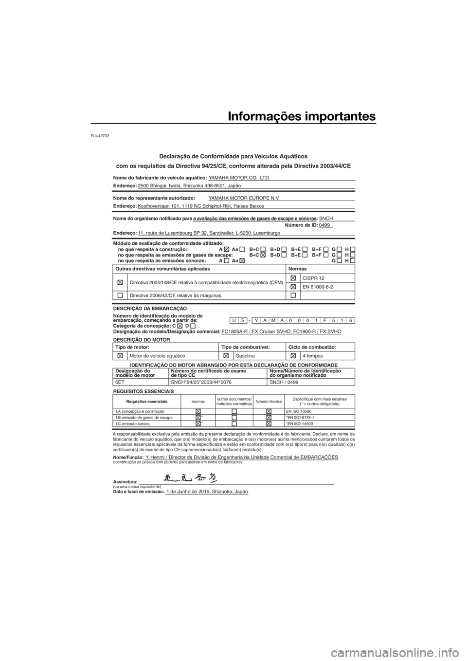 YAMAHA FX SVHO 2016 Manual de utilização (in Portuguese) Informações importantes
PJU42732
Declaração de Conformidade para Veículos Aquáticos
com os requisitos da Directiva 94/25/CE, conforme alterada pela Directiva 2003/44/CE
Nome do fabricante do ve YAMAHA FX SVHO 2016 Manual de utilização (in Portuguese) Informações importantes
PJU42732
Declaração de Conformidade para Veículos Aquáticos
com os requisitos da Directiva 94/25/CE, conforme alterada pela Directiva 2003/44/CE
Nome do fabricante do ve