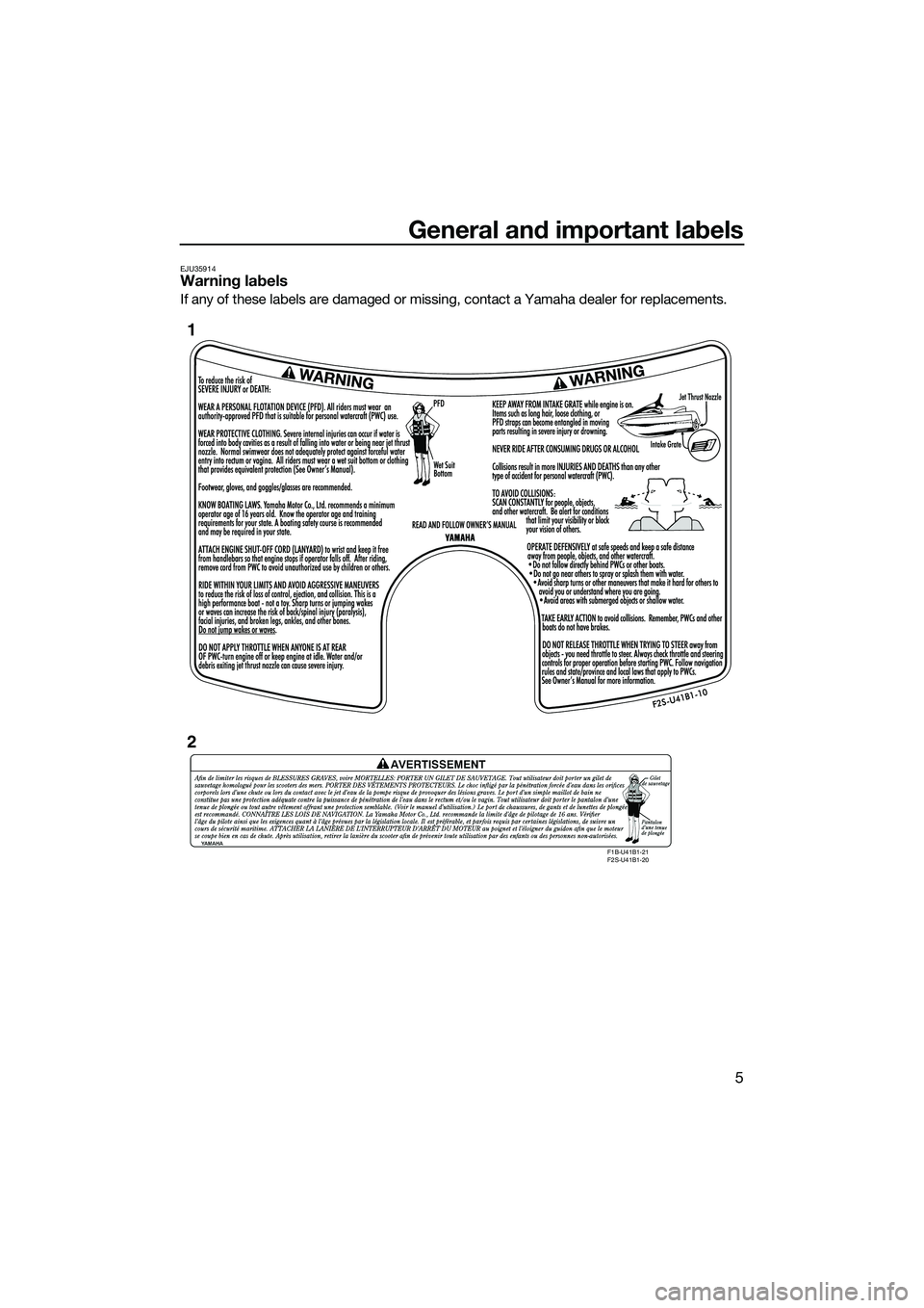 YAMAHA FX SVHO 2015 User Guide General and important labels
5
EJU35914Warning labels
If any of these labels are damaged or missing, contact a Yamaha dealer for replacements.
F1B-U41B1-21
F2S-U41B1-20
1
2
UF3J71E0.book Page 5 Fri YAMAHA FX SVHO 2015 User Guide General and important labels
5
EJU35914Warning labels
If any of these labels are damaged or missing, contact a Yamaha dealer for replacements.
F1B-U41B1-21
F2S-U41B1-20
1
2
UF3J71E0.book Page 5 Fri