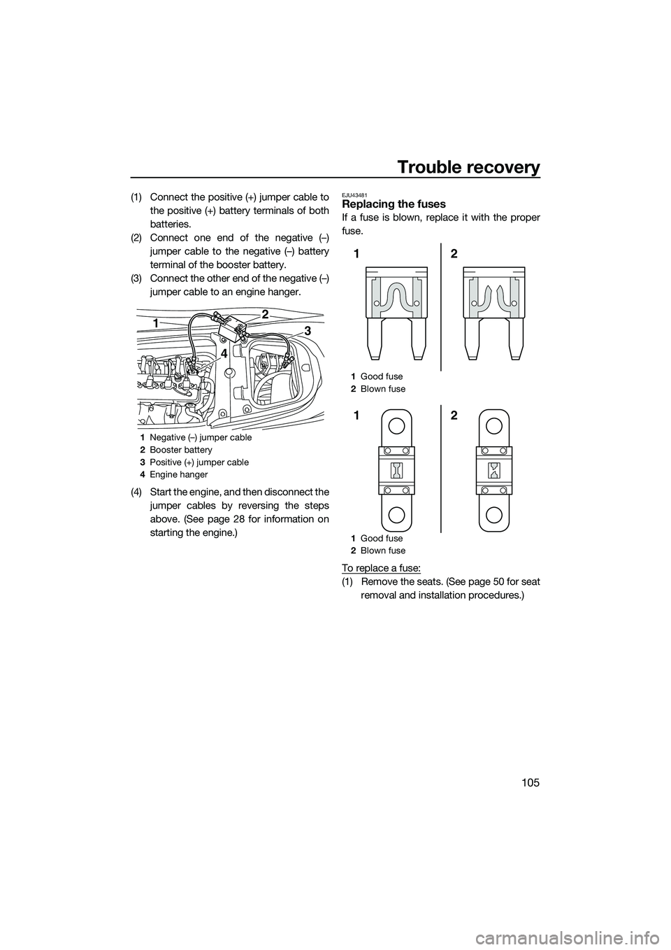 YAMAHA FX SVHO 2015 Owners Manual Trouble recovery
105
(1) Connect the positive (+) jumper cable tothe positive (+) battery terminals of both
batteries.
(2) Connect one end of the negative (–) jumper cable to the negative (–) batt YAMAHA FX SVHO 2015 Owners Manual Trouble recovery
105
(1) Connect the positive (+) jumper cable tothe positive (+) battery terminals of both
batteries.
(2) Connect one end of the negative (–) jumper cable to the negative (–) batt