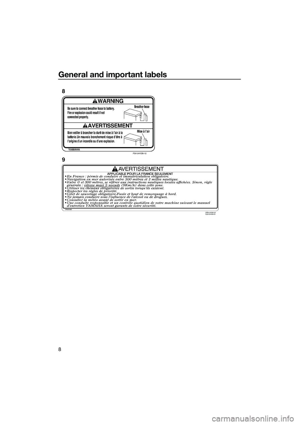 YAMAHA FX SVHO 2015 User Guide General and important labels
8
F0V-U41DB-12
GP8-U416H-01
GJ3-U416H-01
8
9
UF3J71E0.book Page 8 Friday, June 27, 2014 1:50 PM YAMAHA FX SVHO 2015 User Guide General and important labels
8
F0V-U41DB-12
GP8-U416H-01
GJ3-U416H-01
8
9
UF3J71E0.book Page 8 Friday, June 27, 2014 1:50 PM