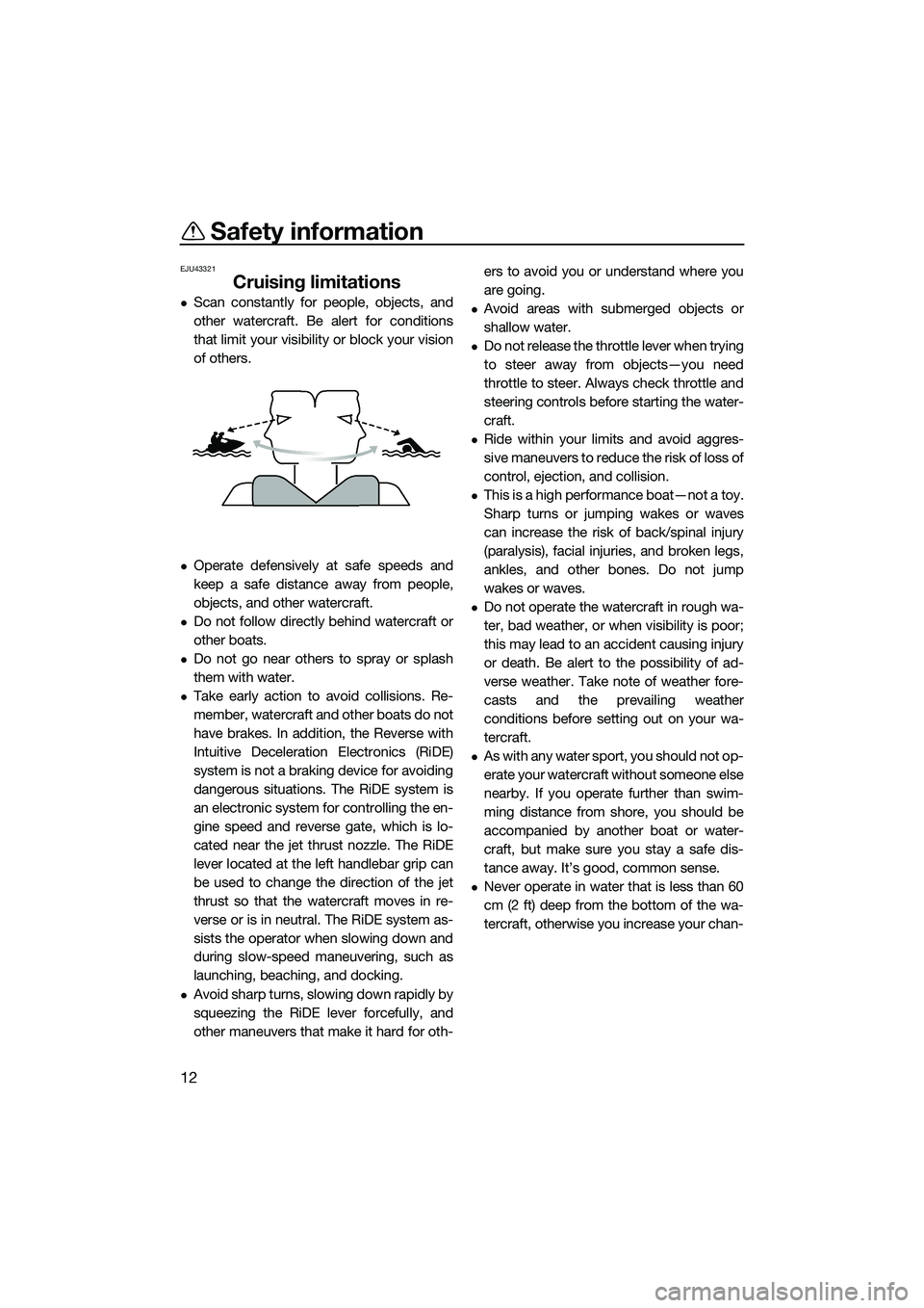 YAMAHA FX SVHO 2015 User Guide Safety information
12
EJU43321
Cruising limitations
Scan constantly for people, objects, and
other watercraft. Be alert for conditions
that limit your visibility or block your vision
of others.
YAMAHA FX SVHO 2015 User Guide Safety information
12
EJU43321
Cruising limitations
Scan constantly for people, objects, and
other watercraft. Be alert for conditions
that limit your visibility or block your vision
of others.
