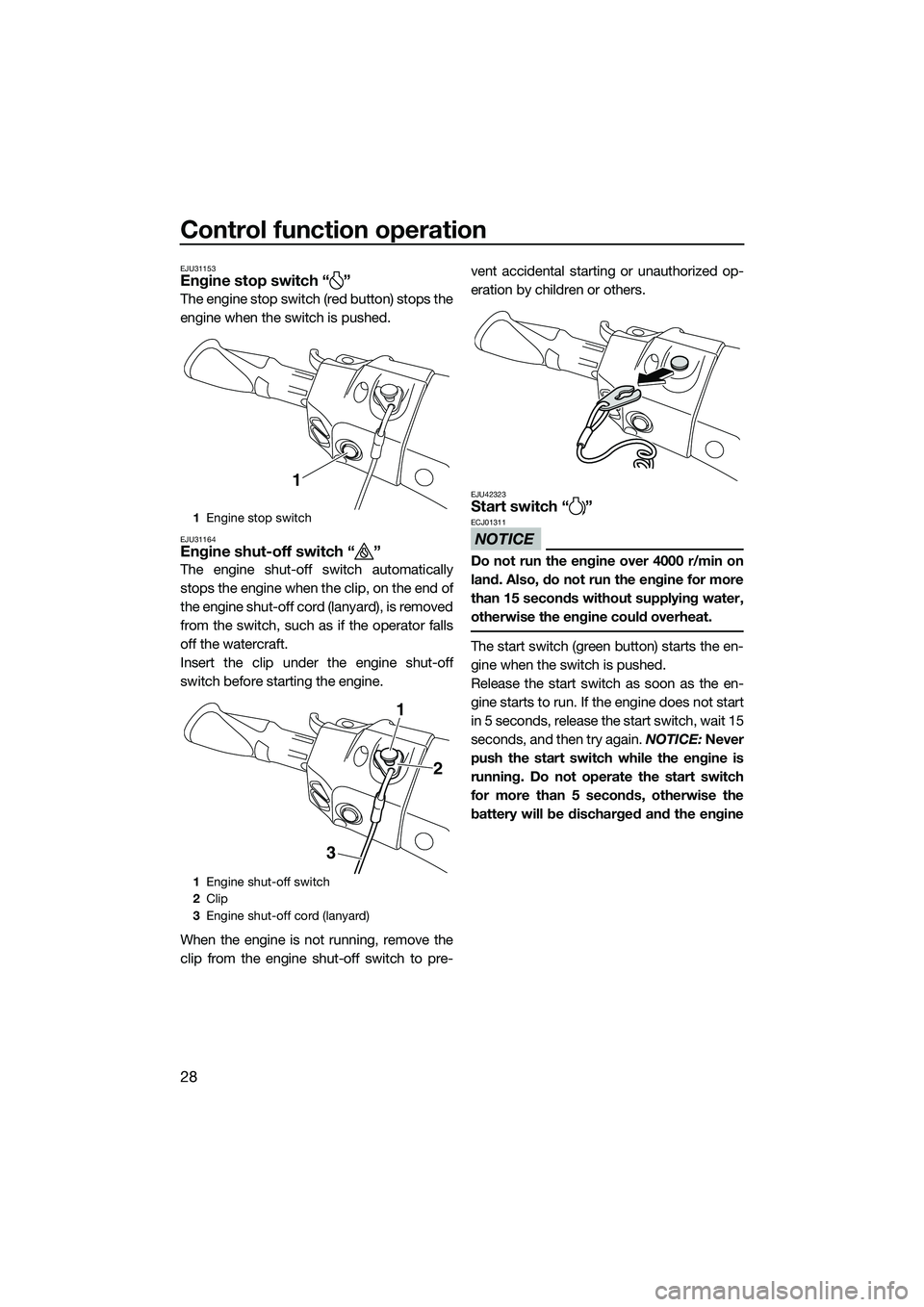 YAMAHA FX SVHO 2015 Owners Guide Control function operation
28
EJU31153Engine stop switch “ ”
The engine stop switch (red button) stops the
engine when the switch is pushed.
EJU31164Engine shut-off switch “ ”
The engine shut- YAMAHA FX SVHO 2015 Owners Guide Control function operation
28
EJU31153Engine stop switch “ ”
The engine stop switch (red button) stops the
engine when the switch is pushed.
EJU31164Engine shut-off switch “ ”
The engine shut-