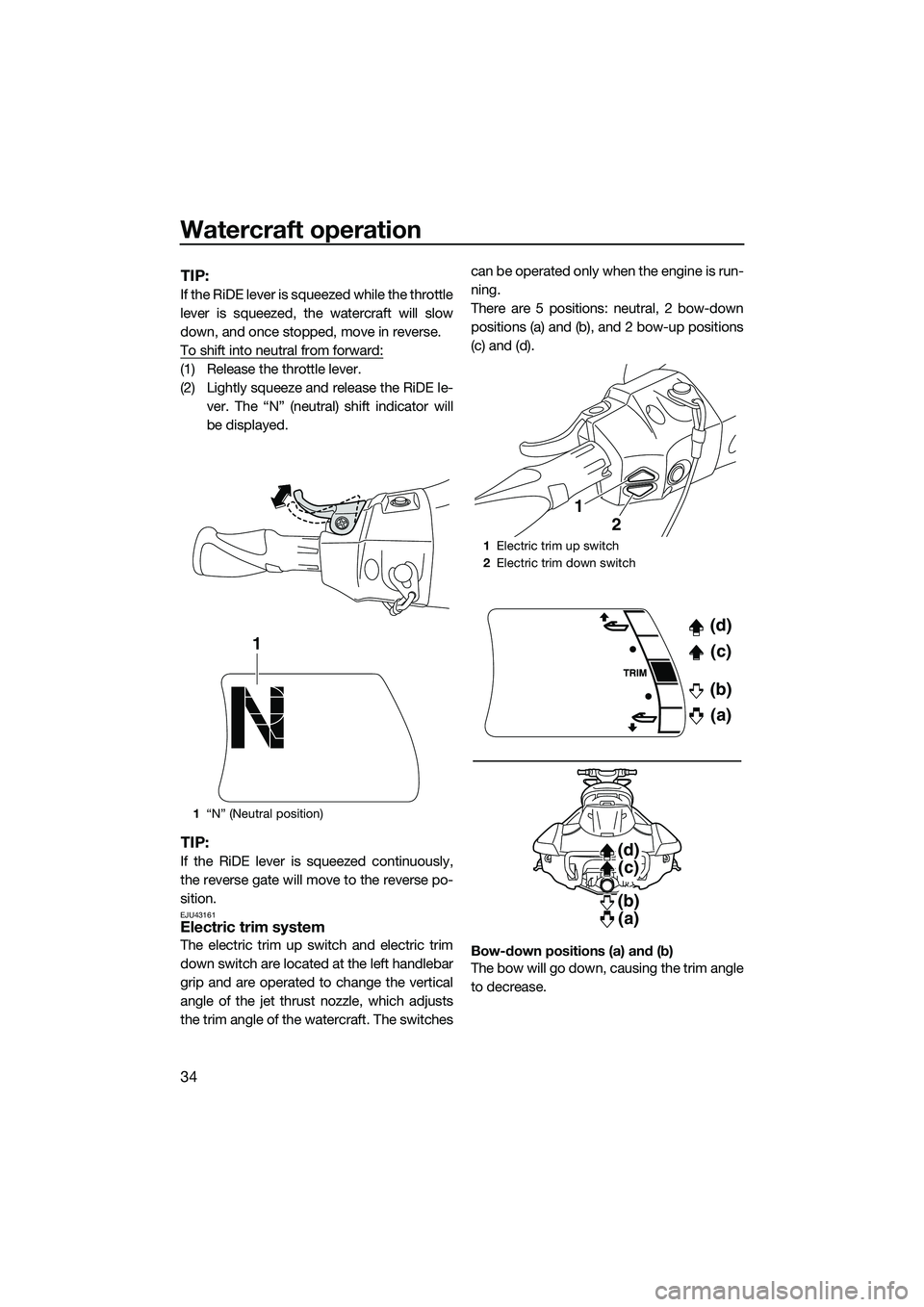 YAMAHA FX SVHO 2015 Owners Guide Watercraft operation
34
TIP:
If the RiDE lever is squeezed while the throttle
lever is squeezed, the watercraft will slow
down, and once stopped, move in reverse.
To shift into neutral from forward:
( YAMAHA FX SVHO 2015 Owners Guide Watercraft operation
34
TIP:
If the RiDE lever is squeezed while the throttle
lever is squeezed, the watercraft will slow
down, and once stopped, move in reverse.
To shift into neutral from forward:
(