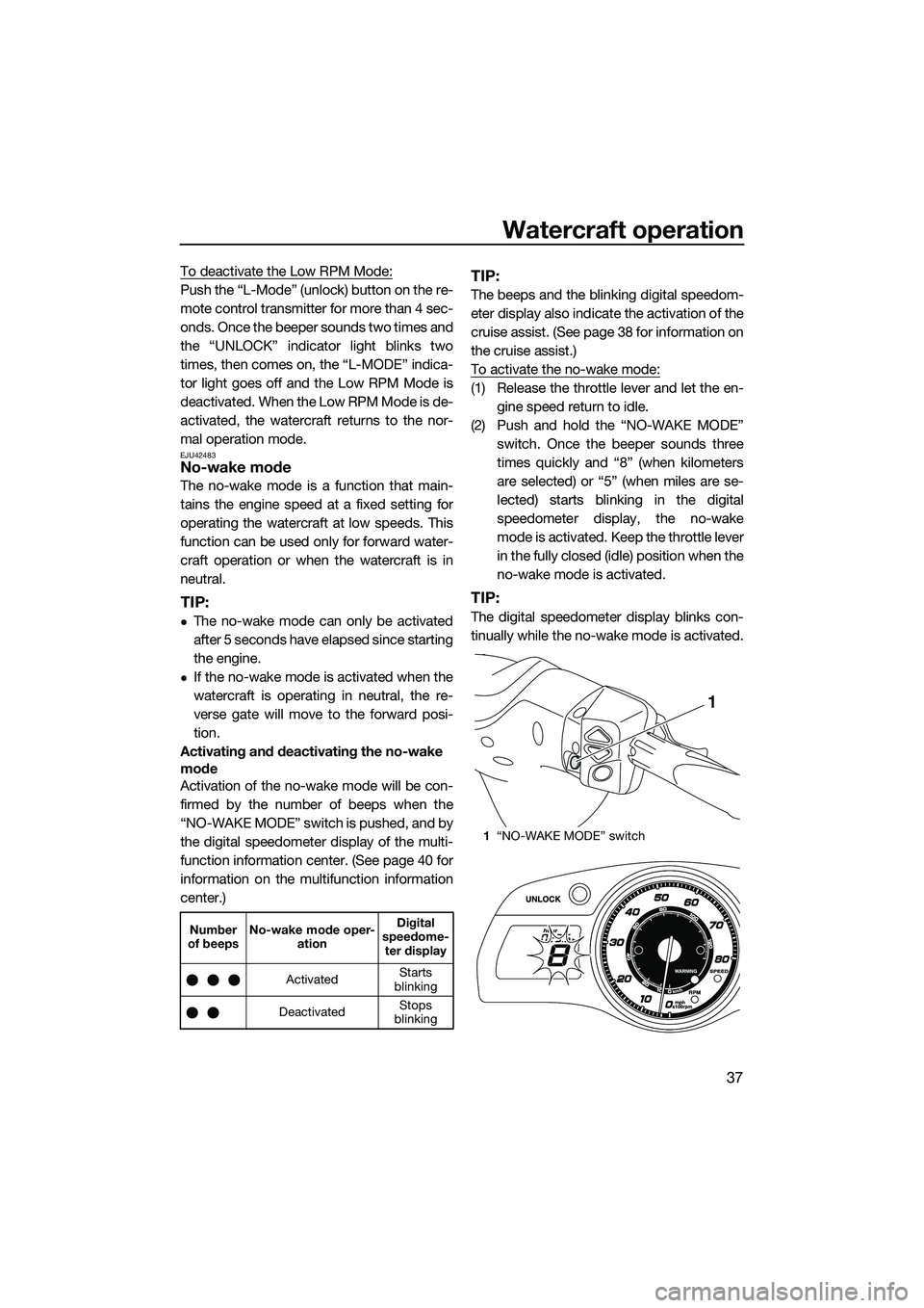 YAMAHA FX SVHO 2015 Service Manual Watercraft operation
37
To deactivate the Low RPM Mode:
Push the “L-Mode” (unlock) button on the re-
mote control transmitter for more than 4 sec-
onds. Once the beeper sounds two times and
the YAMAHA FX SVHO 2015 Service Manual Watercraft operation
37
To deactivate the Low RPM Mode:
Push the “L-Mode” (unlock) button on the re-
mote control transmitter for more than 4 sec-
onds. Once the beeper sounds two times and
the