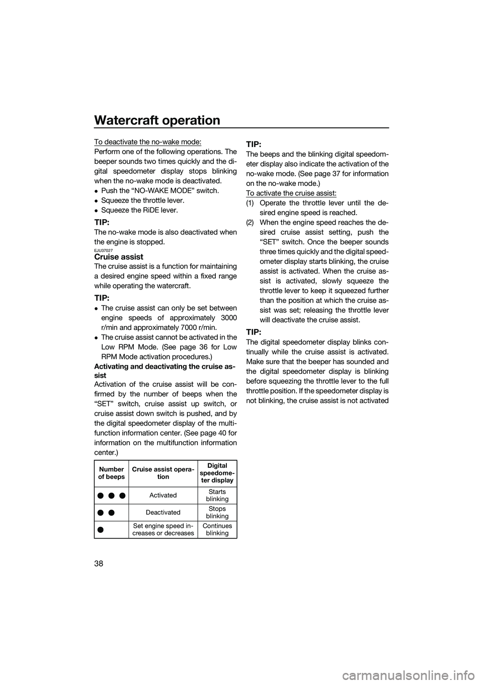 YAMAHA FX SVHO 2015 Service Manual Watercraft operation
38
To deactivate the no-wake mode:
Perform one of the following operations. The
beeper sounds two times quickly and the di-
gital speedometer display stops blinking
when the no-wa YAMAHA FX SVHO 2015 Service Manual Watercraft operation
38
To deactivate the no-wake mode:
Perform one of the following operations. The
beeper sounds two times quickly and the di-
gital speedometer display stops blinking
when the no-wa