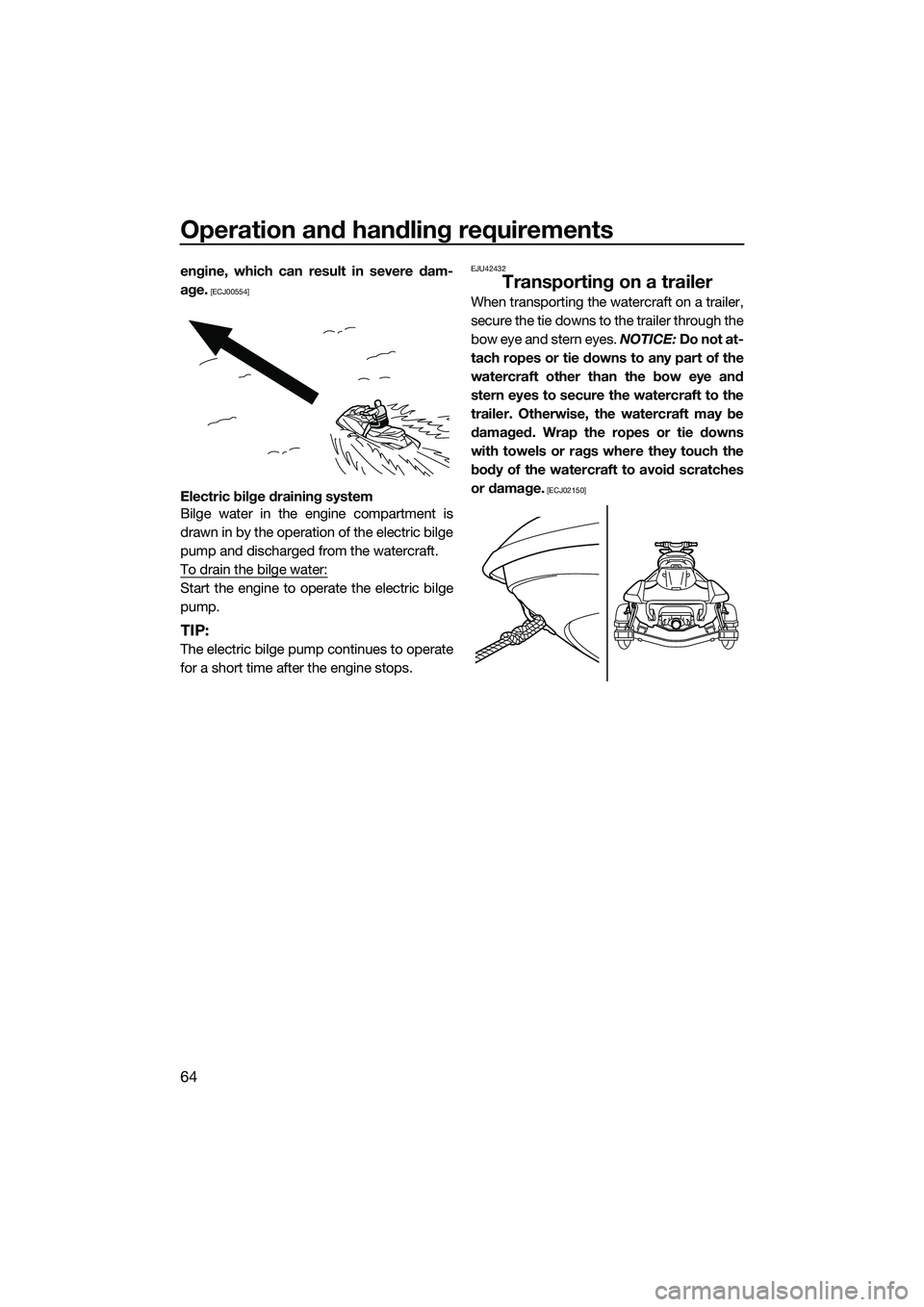 YAMAHA FX SVHO 2015 Repair Manual Operation and handling requirements
64
engine, which can result in severe dam-
age.
 [ECJ00554]
Electric bilge draining system
Bilge water in the engine compartment is
drawn in by the operation of the