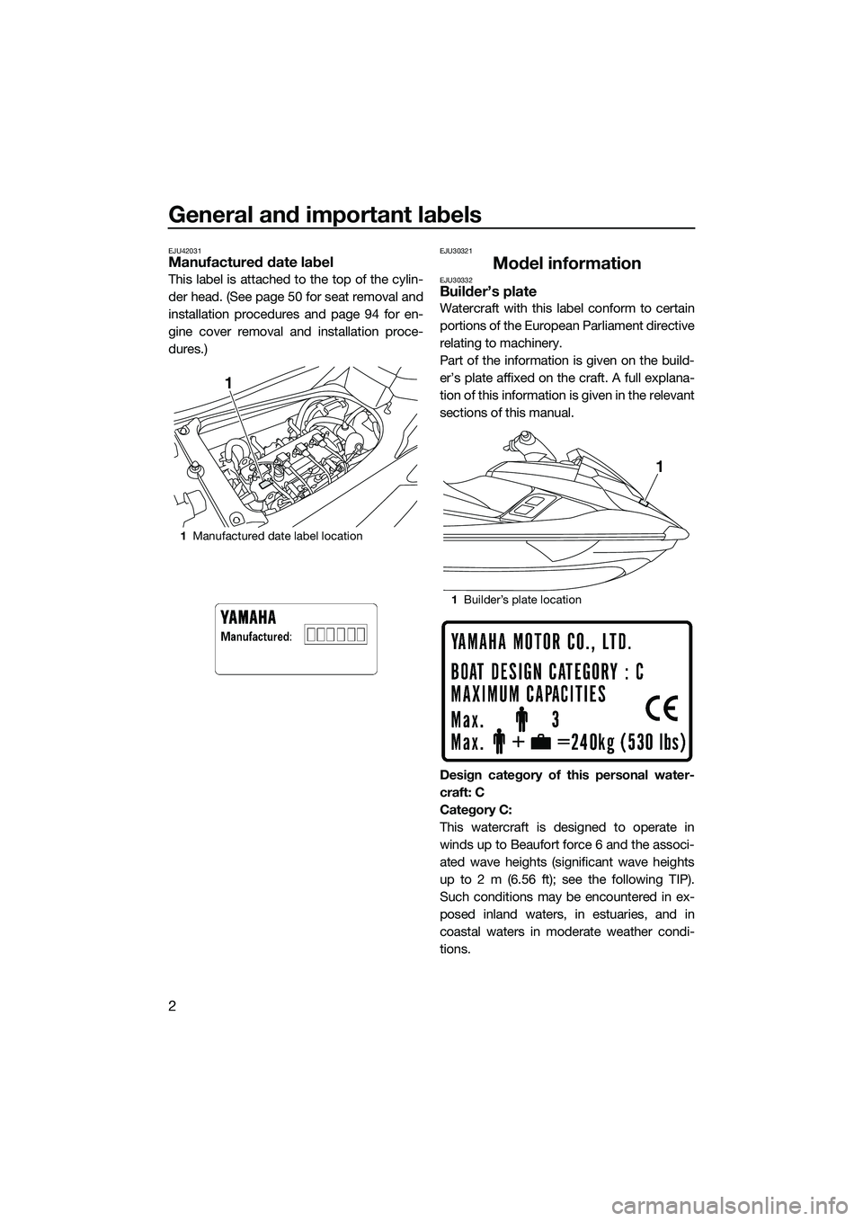 YAMAHA FX SVHO 2015  Owners Manual General and important labels
2
EJU42031Manufactured date label
This label is attached to the top of the cylin-
der head. (See page 50 for seat removal and
installation procedures and page 94 for en-
g