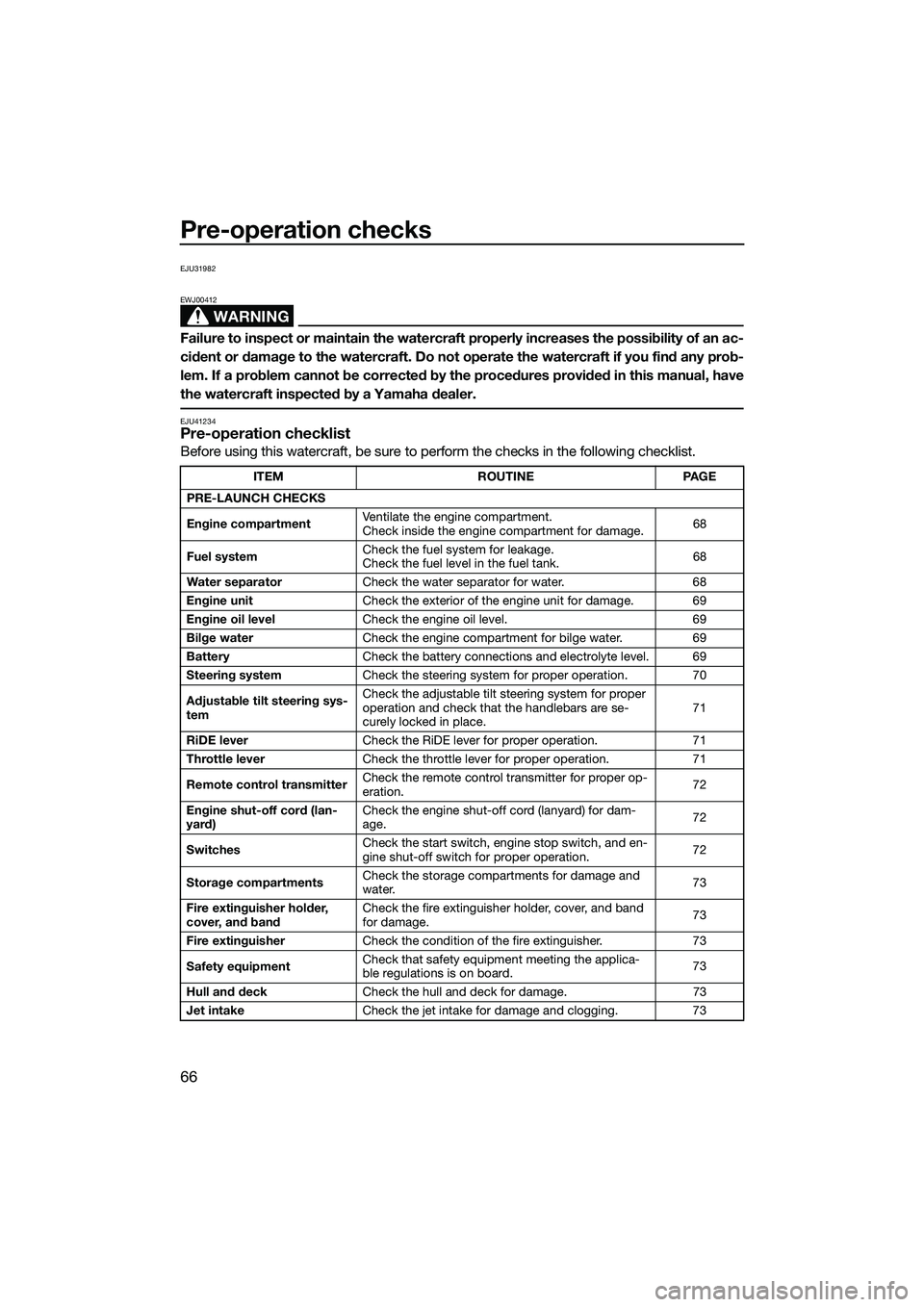 YAMAHA FX SVHO 2015 Manual PDF Pre-operation checks
66
EJU31982
WARNING
EWJ00412
Failure to inspect or maintain the watercraft properly increases the possibility of an ac-
cident or damage to the watercraft. Do not operate the wate YAMAHA FX SVHO 2015 Manual PDF Pre-operation checks
66
EJU31982
WARNING
EWJ00412
Failure to inspect or maintain the watercraft properly increases the possibility of an ac-
cident or damage to the watercraft. Do not operate the wate