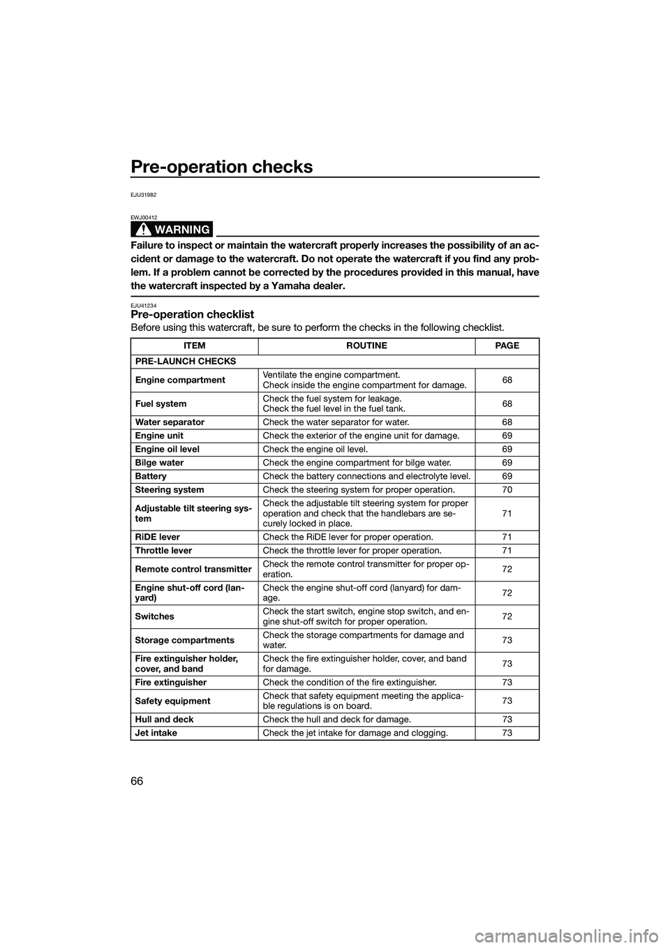 YAMAHA FX SVHO 2015  Owners Manual Pre-operation checks
66
EJU31982
WARNING
EWJ00412
Failure to inspect or maintain the watercraft properly increases the possibility of an ac-
cident or damage to the watercraft. Do not operate the wate