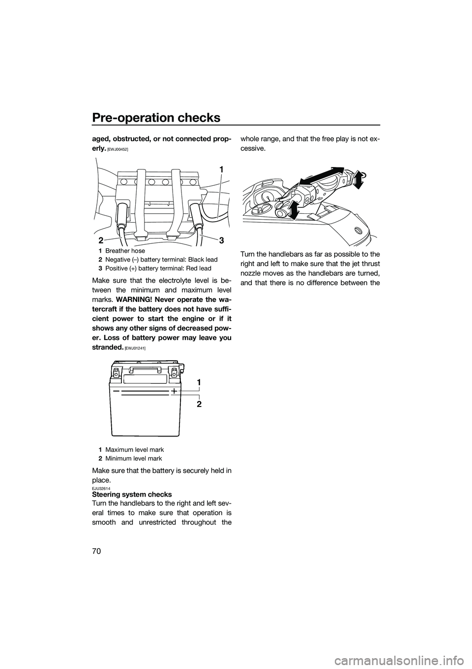 YAMAHA FX SVHO 2015 Manual PDF Pre-operation checks
70
aged, obstructed, or not connected prop-
erly.
 [EWJ00452]
Make sure that the electrolyte level is be-
tween the minimum and maximum level
marks. WARNING! Never operate the wa-