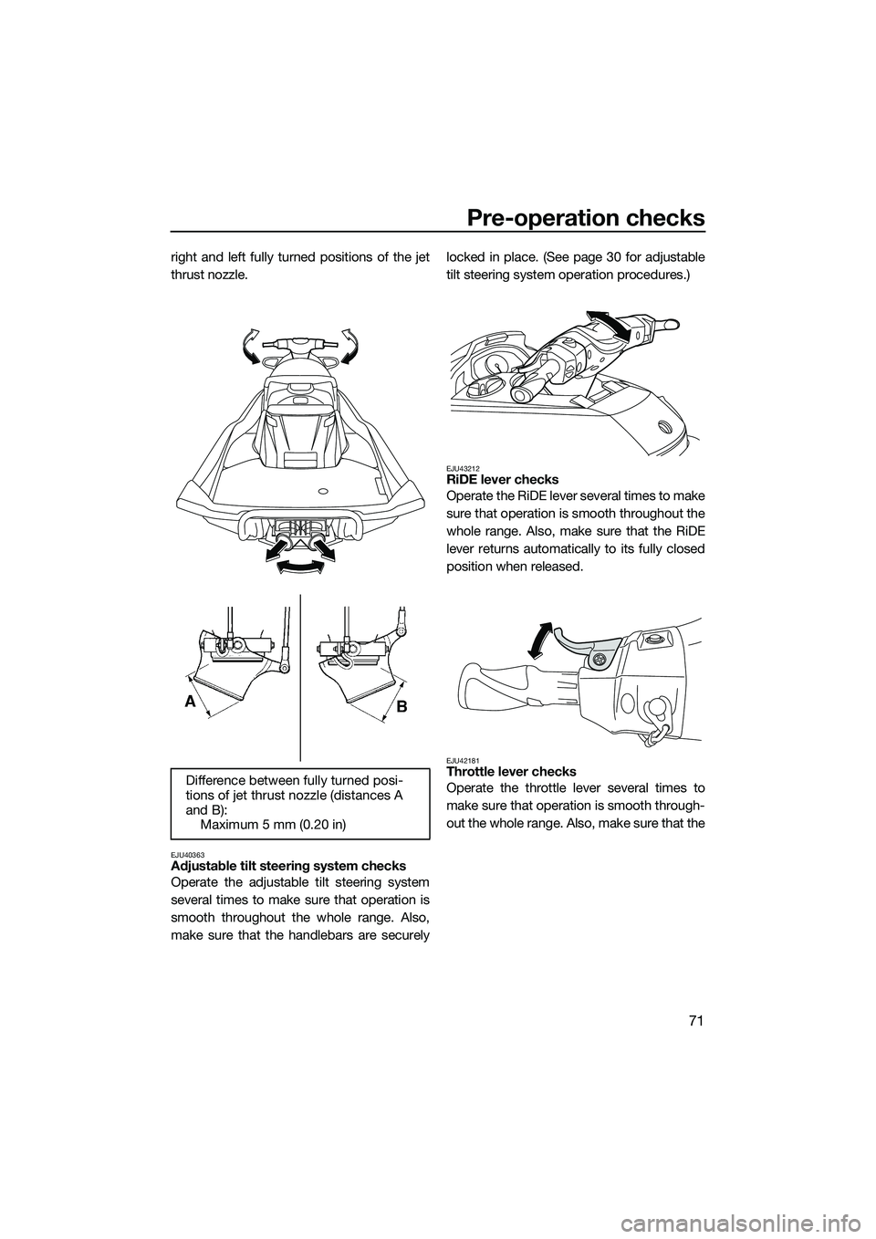 YAMAHA FX SVHO 2015 Manual PDF Pre-operation checks
71
right and left fully turned positions of the jet
thrust nozzle.
EJU40363Adjustable tilt steering system checks
Operate the adjustable tilt steering system
several times to make YAMAHA FX SVHO 2015 Manual PDF Pre-operation checks
71
right and left fully turned positions of the jet
thrust nozzle.
EJU40363Adjustable tilt steering system checks
Operate the adjustable tilt steering system
several times to make