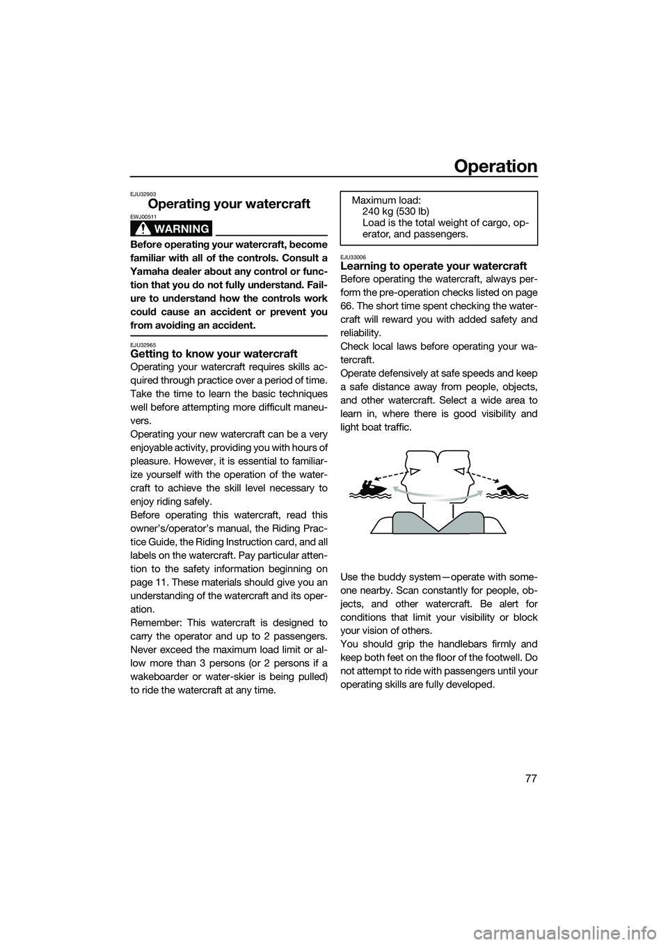 YAMAHA FX SVHO 2015 Manual Online Operation
77
EJU32903
Operating your watercraft
WARNING
EWJ00511
Before operating your watercraft, become
familiar with all of the controls. Consult a
Yamaha dealer about any control or func- tion tha YAMAHA FX SVHO 2015 Manual Online Operation
77
EJU32903
Operating your watercraft
WARNING
EWJ00511
Before operating your watercraft, become
familiar with all of the controls. Consult a
Yamaha dealer about any control or func- tion tha
