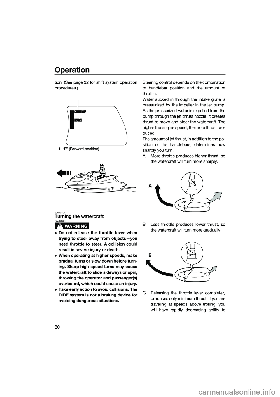 YAMAHA FX SVHO 2015 Manual Online Operation
80
tion. (See page 32 for shift system operation
procedures.)
EJU43421Turning the watercraft
WARNING
EWJ01781
Do not release the throttle lever when
trying to steer away from objects—yo YAMAHA FX SVHO 2015 Manual Online Operation
80
tion. (See page 32 for shift system operation
procedures.)
EJU43421Turning the watercraft
WARNING
EWJ01781
Do not release the throttle lever when
trying to steer away from objects—yo