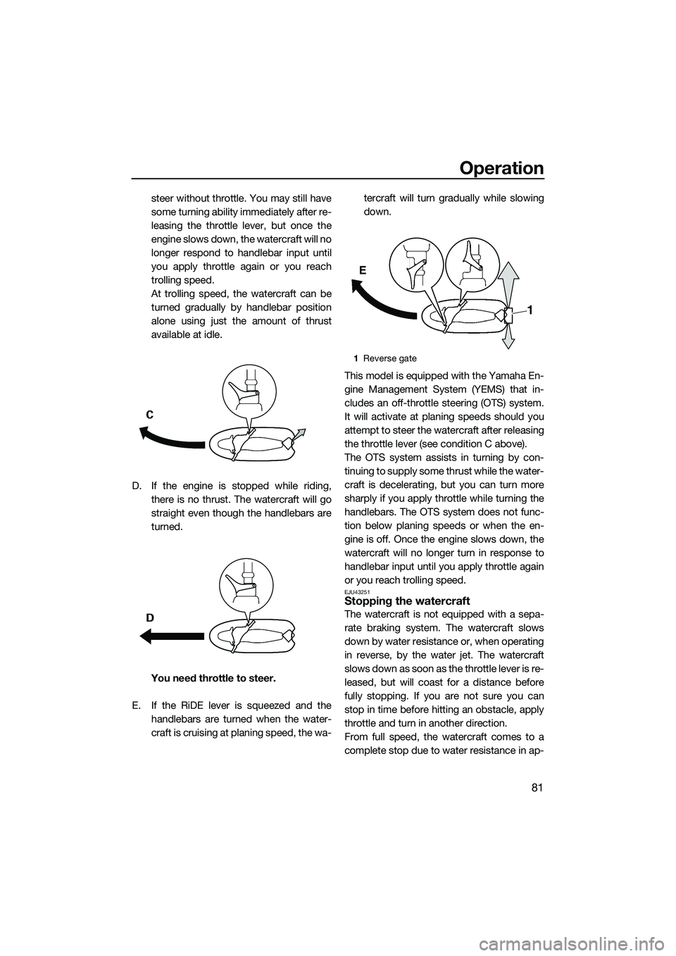 YAMAHA FX SVHO 2015 Manual Online Operation
81
steer without throttle. You may still have
some turning ability immediately after re-
leasing the throttle lever, but once the
engine slows down, the watercraft will no
longer respond to YAMAHA FX SVHO 2015 Manual Online Operation
81
steer without throttle. You may still have
some turning ability immediately after re-
leasing the throttle lever, but once the
engine slows down, the watercraft will no
longer respond to