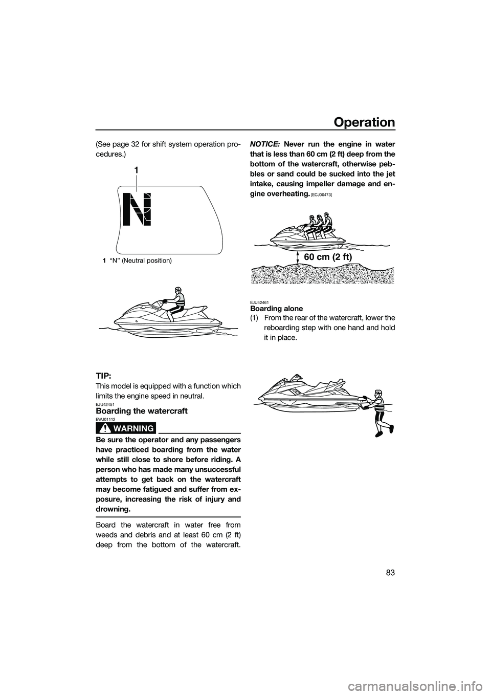 YAMAHA FX SVHO 2015 Manual Online Operation
83
(See page 32 for shift system operation pro-
cedures.)
TIP:
This model is equipped with a function which
limits the engine speed in neutral.
EJU42451Boarding the watercraft
WARNING
EWJ011 YAMAHA FX SVHO 2015 Manual Online Operation
83
(See page 32 for shift system operation pro-
cedures.)
TIP:
This model is equipped with a function which
limits the engine speed in neutral.
EJU42451Boarding the watercraft
WARNING
EWJ011