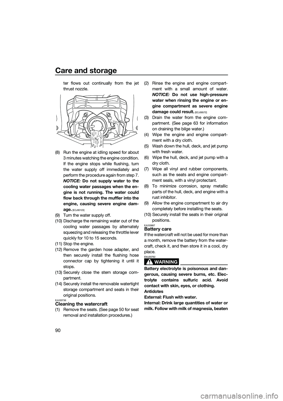 YAMAHA FX SVHO 2015 Owners Manual Care and storage
90
ter flows out continually from the jet
thrust nozzle.
(8) Run the engine at idling speed for about 3 minutes watching the engine condition.
If the engine stops while flushing, turn YAMAHA FX SVHO 2015 Owners Manual Care and storage
90
ter flows out continually from the jet
thrust nozzle.
(8) Run the engine at idling speed for about 3 minutes watching the engine condition.
If the engine stops while flushing, turn