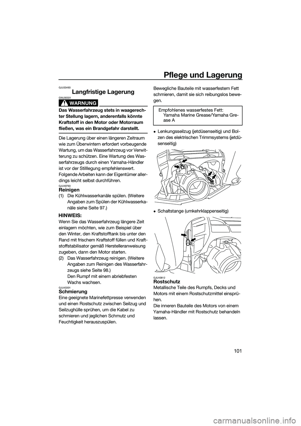 YAMAHA FX SVHO 2015 Betriebsanleitungen (in German) Pflege und Lagerung
101
GJU33493
Langfristige Lagerung
WARNUNG
GWJ00331
Das Wasserfahrzeug stets in waagerech-
ter Stellung lagern, anderenfalls könnte
Kraftstoff in den Motor oder Motorraum
fließ YAMAHA FX SVHO 2015 Betriebsanleitungen (in German) Pflege und Lagerung
101
GJU33493
Langfristige Lagerung
WARNUNG
GWJ00331
Das Wasserfahrzeug stets in waagerech-
ter Stellung lagern, anderenfalls könnte
Kraftstoff in den Motor oder Motorraum
fließ