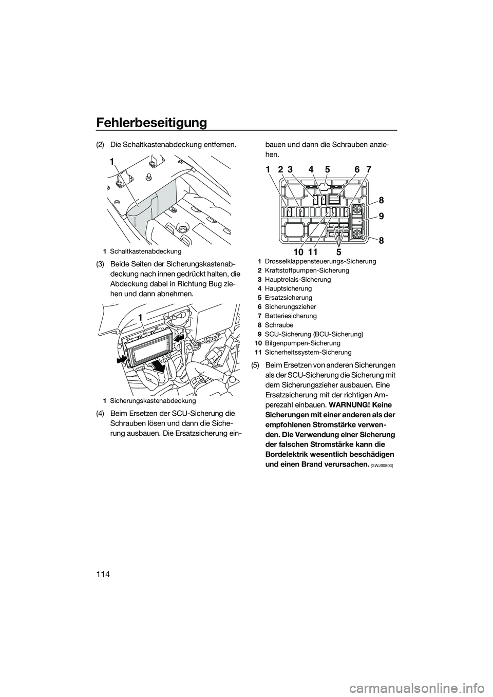 YAMAHA FX SVHO 2015  Betriebsanleitungen (in German) Fehlerbeseitigung
114
(2) Die Schaltkastenabdeckung entfernen.
(3) Beide Seiten der Sicherungskastenab-deckung nach innen gedrückt halten, die 
Abdeckung dabei in Richtung Bug zie-
hen und dann abneh