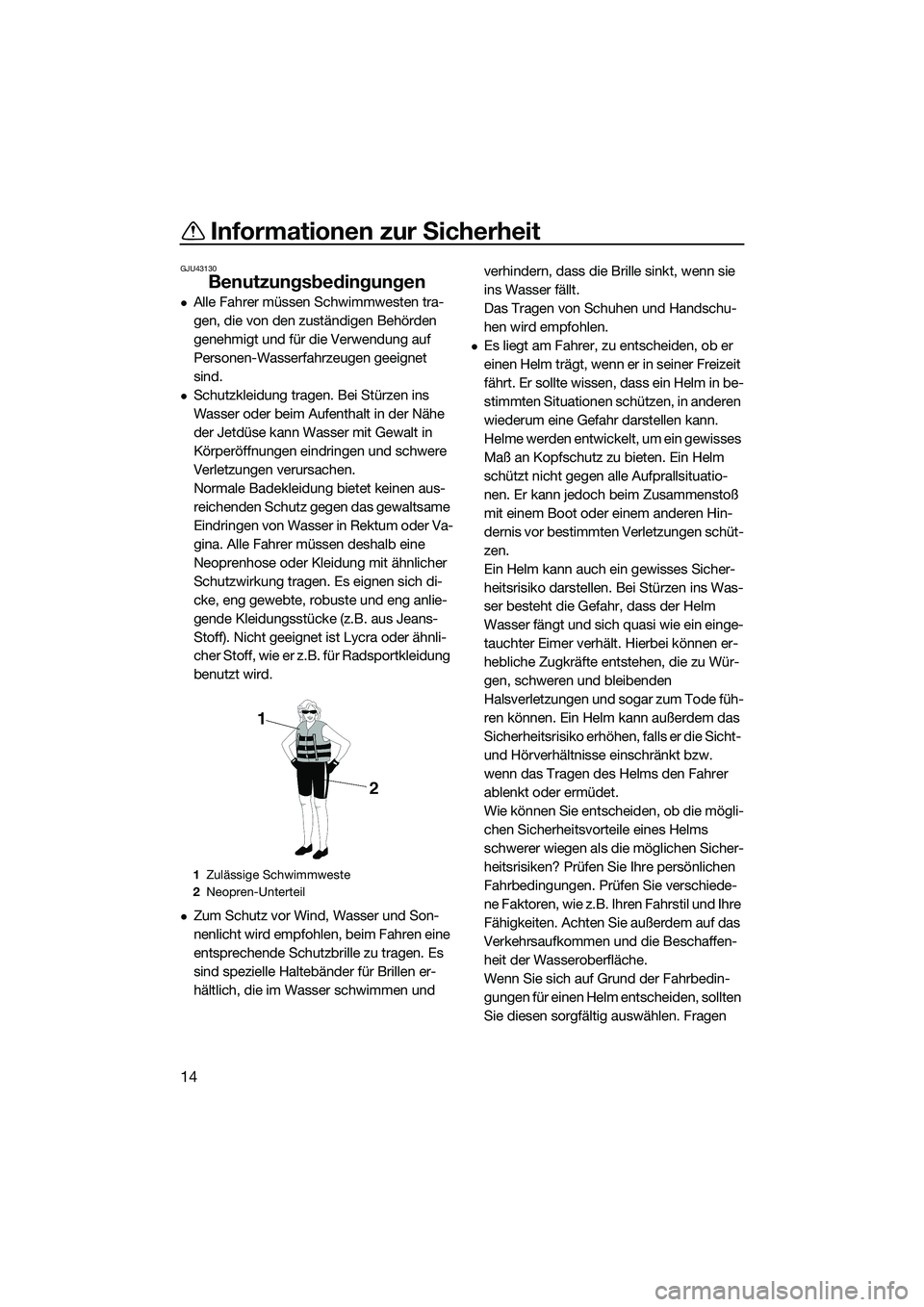 YAMAHA FX SVHO 2015  Betriebsanleitungen (in German) Informationen zur Sicherheit
14
GJU43130
Benutzungsbedingungen
Alle Fahrer müssen Schwimmwesten tra-
gen, die von den zuständigen Behörden 
genehmigt und für die Verwendung auf 
Personen-Wasser