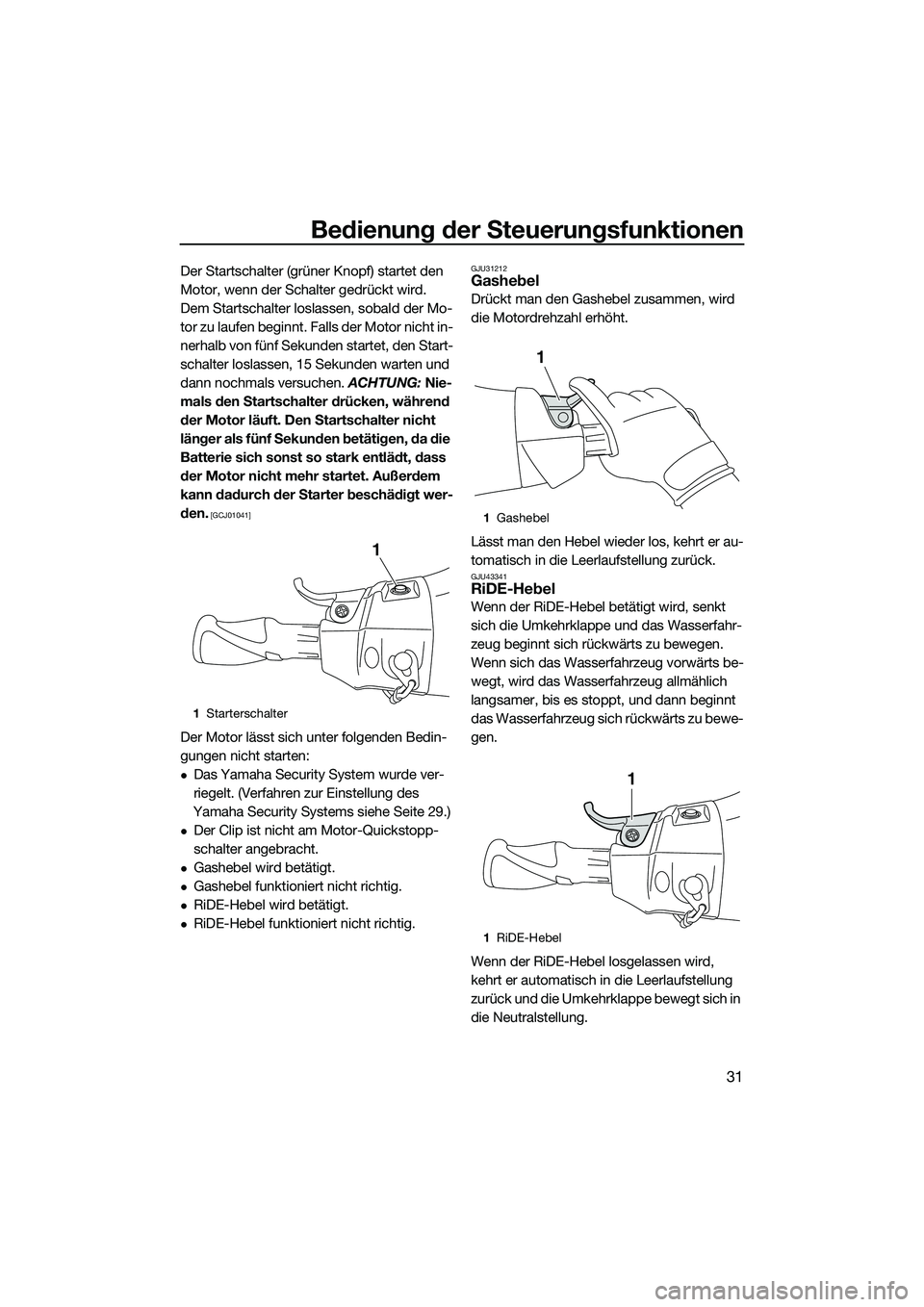 YAMAHA FX SVHO 2015  Betriebsanleitungen (in German) Bedienung der Steuerungsfunktionen
31
Der Startschalter (grüner Knopf) startet den 
Motor, wenn der Schalter gedrückt wird.
Dem Startschalter loslassen, sobald der Mo-
tor zu laufen beginnt. Falls d