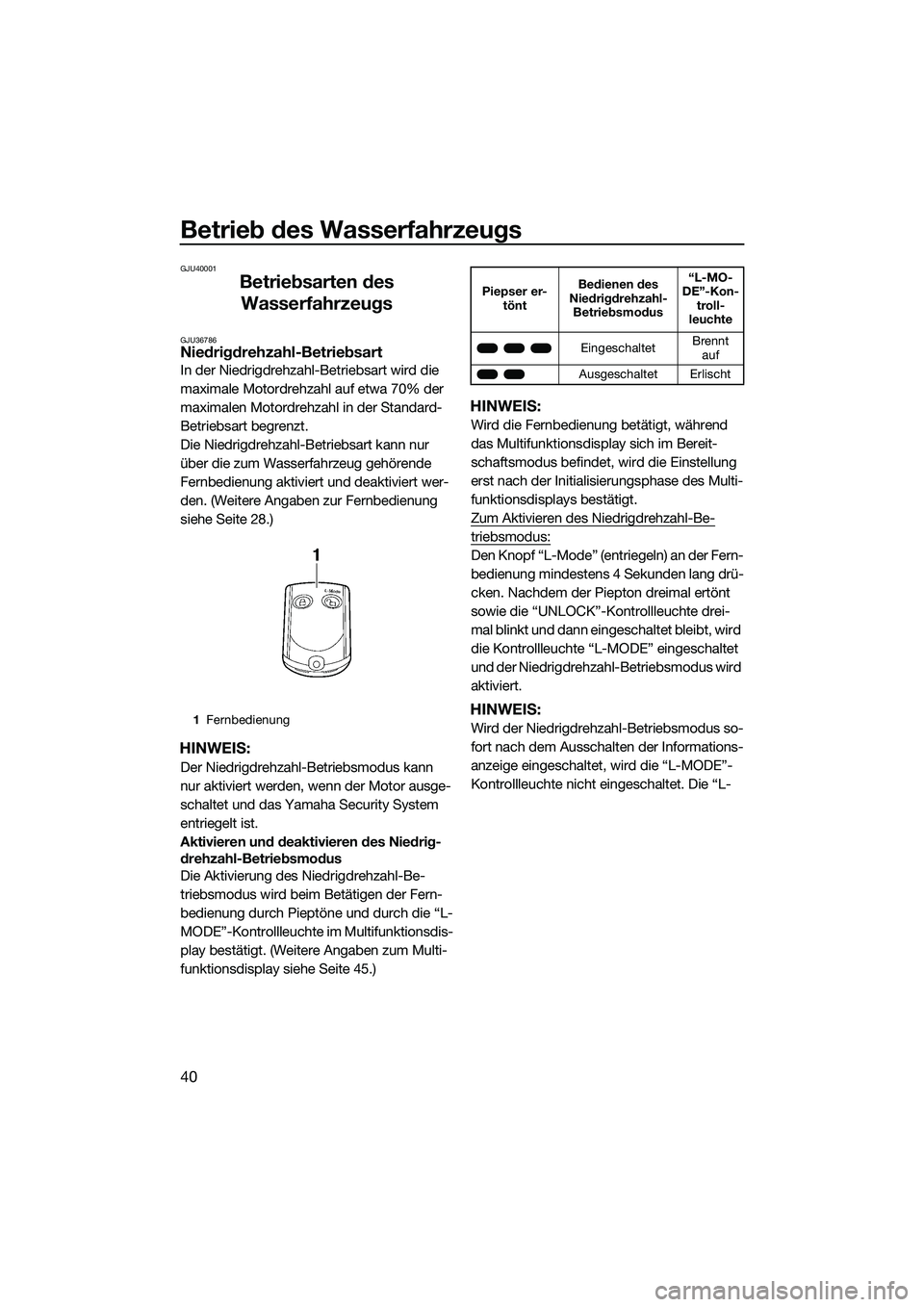 YAMAHA FX SVHO 2015  Betriebsanleitungen (in German) Betrieb des Wasserfahrzeugs
40
GJU40001
Betriebsarten des Wasserfahrzeugs
GJU36786Niedrigdrehzahl-Betriebsart
In der Niedrigdrehzahl-Betriebsart wird die 
maximale Motordrehzahl auf etwa 70% der 
maxi