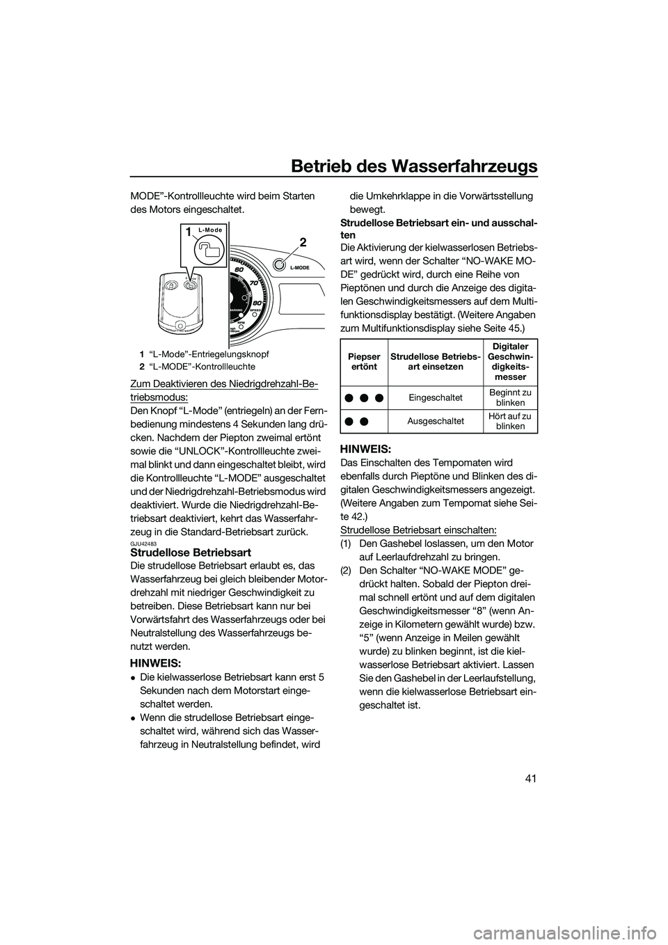 YAMAHA FX SVHO 2015  Betriebsanleitungen (in German) Betrieb des Wasserfahrzeugs
41
MODE”-Kontrollleuchte wird beim Starten 
des Motors eingeschaltet.
Zum Deaktivieren des Niedrigdrehzahl-Be-
triebsmodus:
Den Knopf “L-Mode” (entriegeln) an der Fer