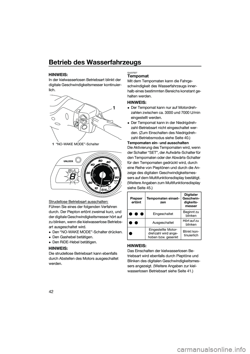 YAMAHA FX SVHO 2015  Betriebsanleitungen (in German) Betrieb des Wasserfahrzeugs
42
HINWEIS:
In der kielwasserlosen Betriebsart blinkt der 
digitale Geschwindigkeitsmesser kontinuier-
lich.
Strudellose Betriebsart ausschalten:
Führen Sie eines der folg