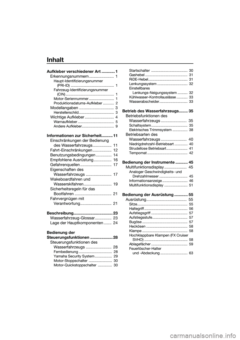 YAMAHA FX SVHO 2015  Betriebsanleitungen (in German) Inhalt
Aufkleber verschiedener Art ............ 1Erkennungsnummern ......................  1
Haupt-Identifizierungsnummer 
(PRI-ID) ...........................................  1
Fahrzeug-Identifizier