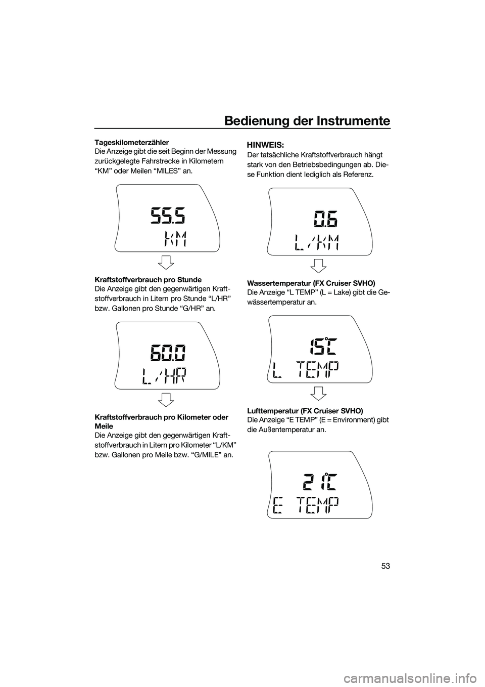 YAMAHA FX SVHO 2015 Betriebsanleitungen (in German) Bedienung der Instrumente
53
Tageskilometerzähler
Die Anzeige gibt die seit Beginn der Messung
zurückgelegte Fahrstrecke in Kilometern
“KM” oder Meilen “MILES” an.
Kraftstoffverbrauch pro YAMAHA FX SVHO 2015 Betriebsanleitungen (in German) Bedienung der Instrumente
53
Tageskilometerzähler
Die Anzeige gibt die seit Beginn der Messung
zurückgelegte Fahrstrecke in Kilometern
“KM” oder Meilen “MILES” an.
Kraftstoffverbrauch pro