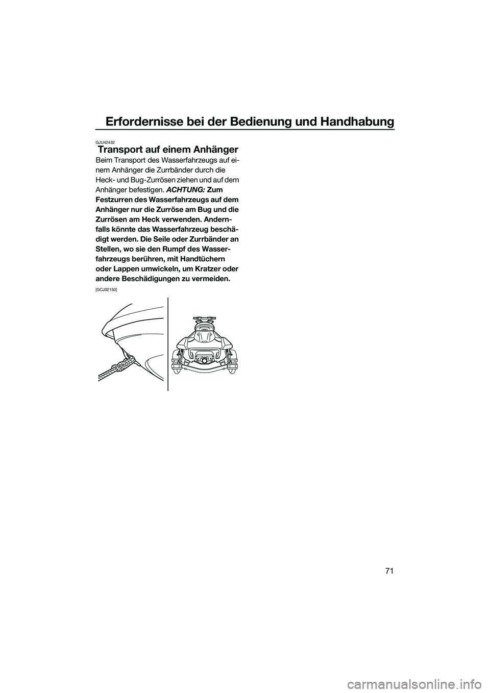 YAMAHA FX SVHO 2015 Betriebsanleitungen (in German) Erfordernisse bei der Bedienung und Handhabung
71
GJU42432
Transport auf einem Anhänger
Beim Transport des Wasserfahrzeugs auf ei-
nem Anhänger die Zurrbänder durch die
Heck- und Bug-Zurrösen zie YAMAHA FX SVHO 2015 Betriebsanleitungen (in German) Erfordernisse bei der Bedienung und Handhabung
71
GJU42432
Transport auf einem Anhänger
Beim Transport des Wasserfahrzeugs auf ei-
nem Anhänger die Zurrbänder durch die
Heck- und Bug-Zurrösen zie