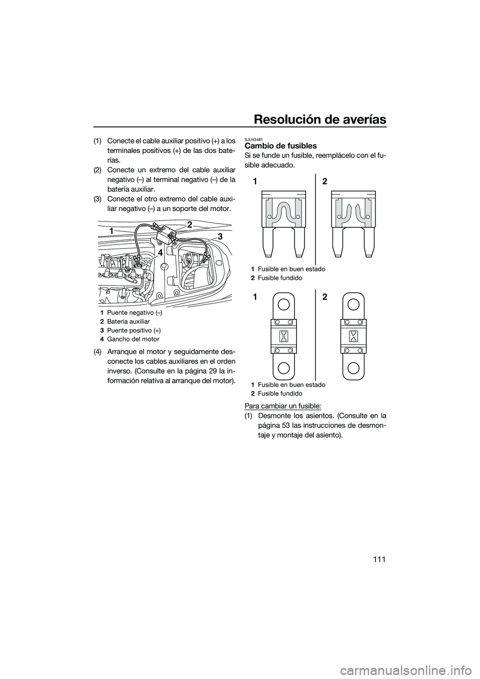 YAMAHA FX SVHO 2015 Manuale de Empleo (in Spanish) Resolución de averías
111
(1) Conecte el cable auxiliar positivo (+) a losterminales positivos (+) de las dos bate-
rías.
(2) Conecte un extremo del cable auxiliar negativo (–) al terminal negati YAMAHA FX SVHO 2015 Manuale de Empleo (in Spanish) Resolución de averías
111
(1) Conecte el cable auxiliar positivo (+) a losterminales positivos (+) de las dos bate-
rías.
(2) Conecte un extremo del cable auxiliar negativo (–) al terminal negati