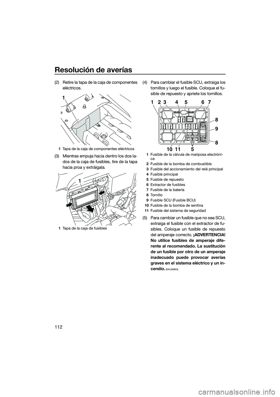 YAMAHA FX SVHO 2015 Manuale de Empleo (in Spanish) Resolución de averías
112
(2) Retire la tapa de la caja de componenteseléctricos.
(3) Mientras empuja hacia dentro los dos la- dos de la caja de fusibles, tire de la tapa
hacia proa y extráigala. YAMAHA FX SVHO 2015 Manuale de Empleo (in Spanish) Resolución de averías
112
(2) Retire la tapa de la caja de componenteseléctricos.
(3) Mientras empuja hacia dentro los dos la- dos de la caja de fusibles, tire de la tapa
hacia proa y extráigala.