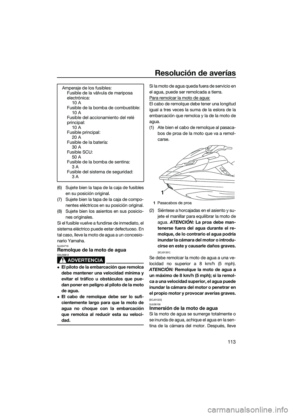 YAMAHA FX SVHO 2015 Manuale de Empleo (in Spanish) Resolución de averías
113
(6) Sujete bien la tapa de la caja de fusiblesen su posición original.
(7) Sujete bien la tapa de la caja de compo- nentes eléctricos en su posición original.
(8) Sujete YAMAHA FX SVHO 2015 Manuale de Empleo (in Spanish) Resolución de averías
113
(6) Sujete bien la tapa de la caja de fusiblesen su posición original.
(7) Sujete bien la tapa de la caja de compo- nentes eléctricos en su posición original.
(8) Sujete