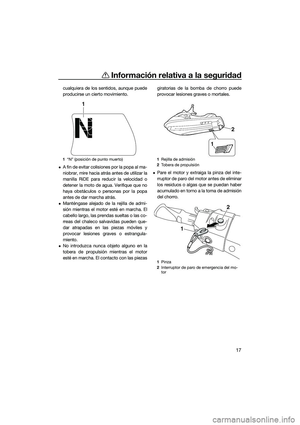 YAMAHA FX SVHO 2015 Manuale de Empleo (in Spanish) Información relativa a la seguridad
17
cualquiera de los sentidos, aunque puede
producirse un cierto movimiento.
A fin de evitar colisiones por la popa al ma-
niobrar, mire hacia atrás antes de u YAMAHA FX SVHO 2015 Manuale de Empleo (in Spanish) Información relativa a la seguridad
17
cualquiera de los sentidos, aunque puede
producirse un cierto movimiento.
A fin de evitar colisiones por la popa al ma-
niobrar, mire hacia atrás antes de u